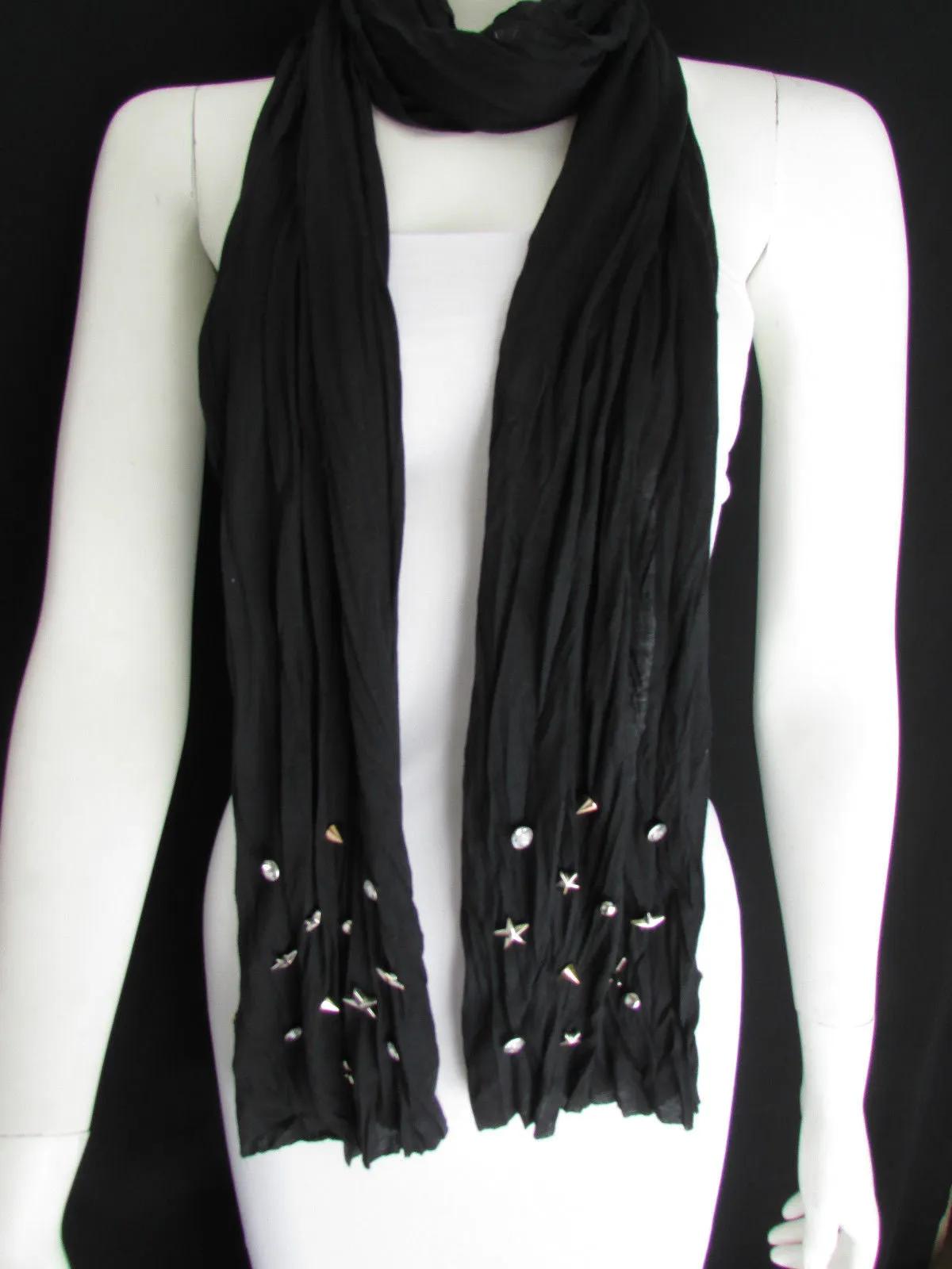 White Blue Gray Black Scarf Long Necklace Silver Metal Stars Studs Soft Fabric
