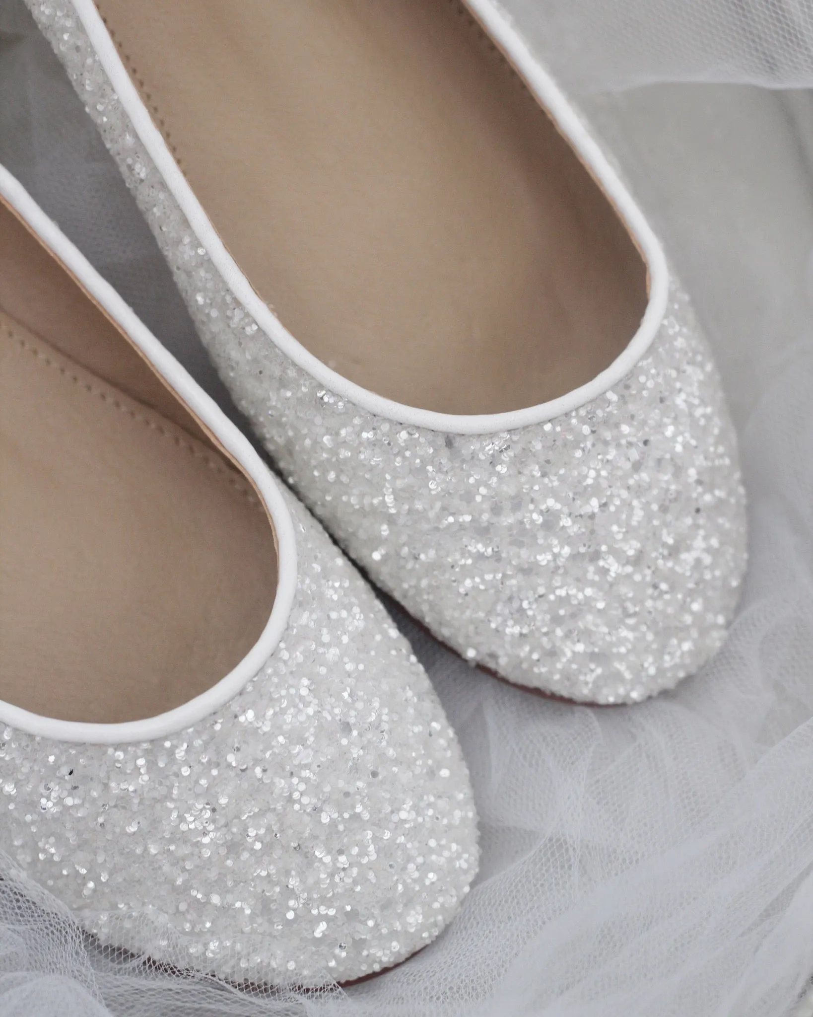 White Glitter Round Toe Flats Wedding Shoes