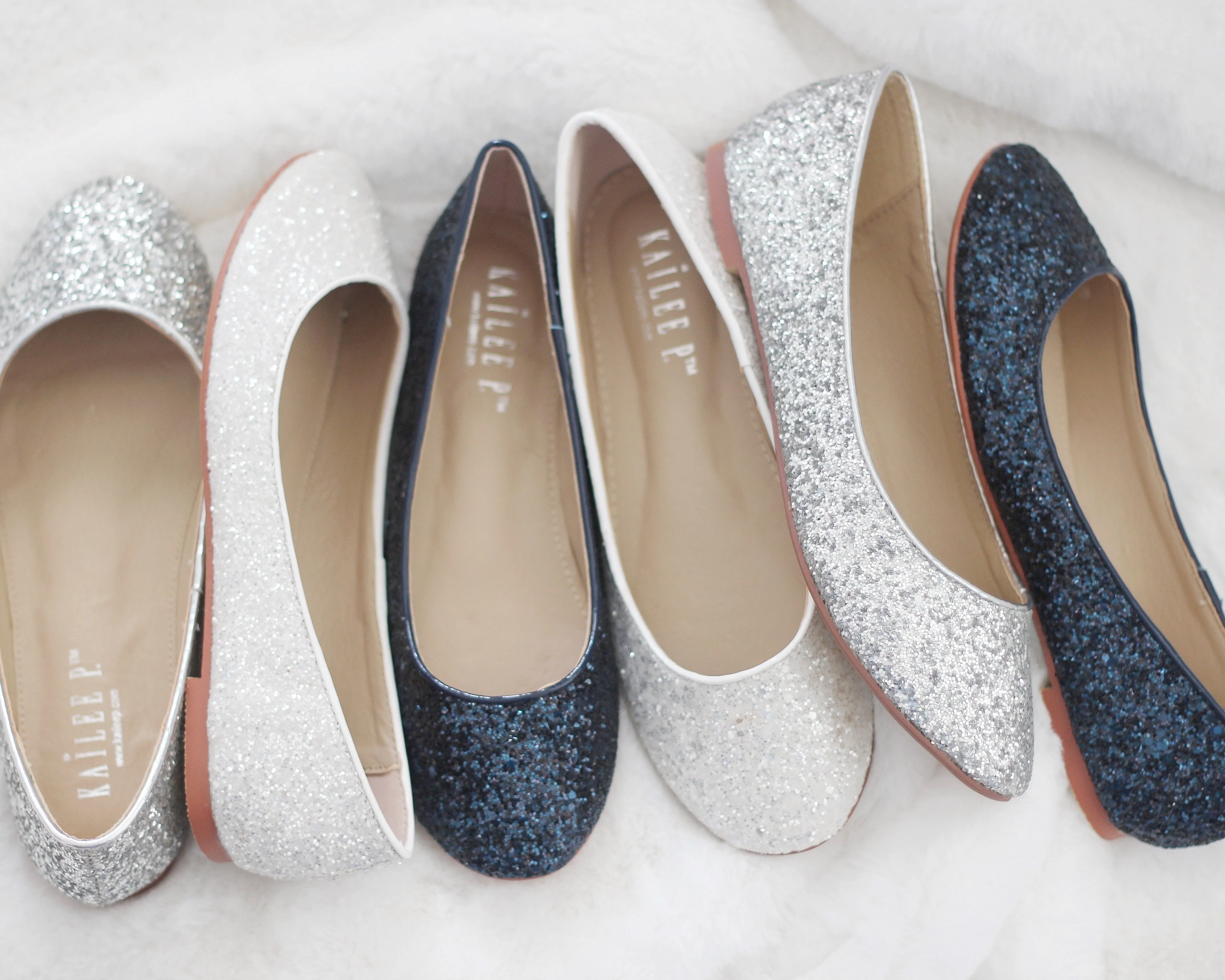 White Glitter Round Toe Flats Wedding Shoes