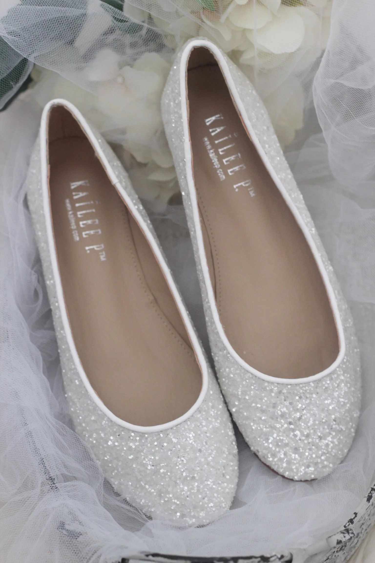 White Glitter Round Toe Flats Wedding Shoes