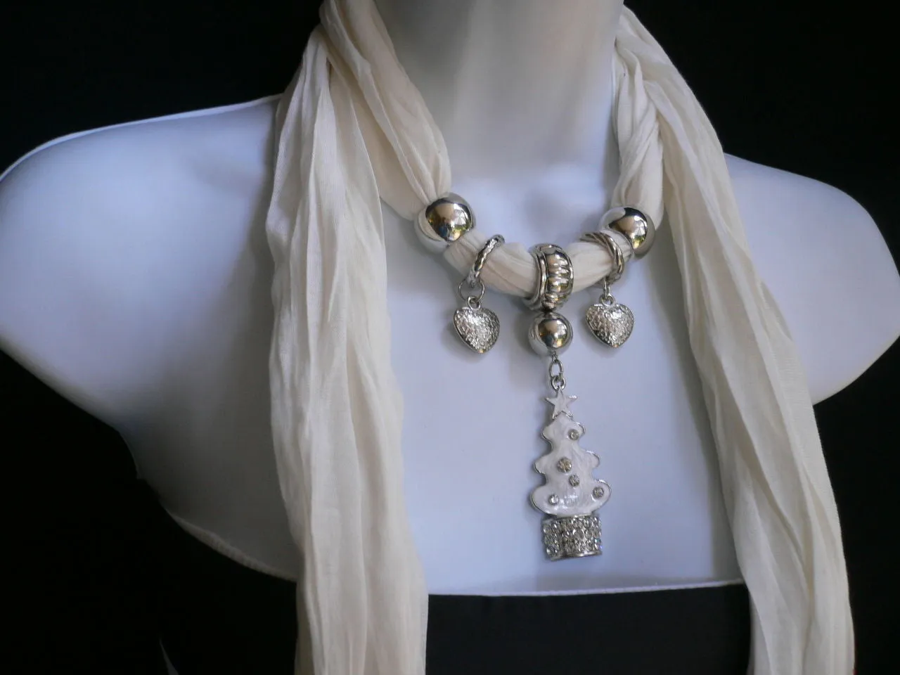 White Long Scarf Necklace Snow Christmas Tree Stars Pendant