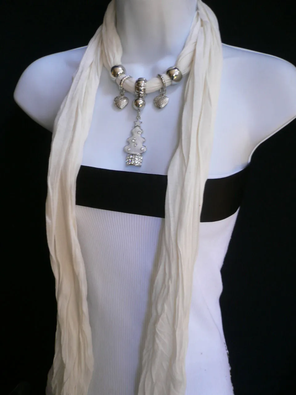 White Long Scarf Necklace Snow Christmas Tree Stars Pendant