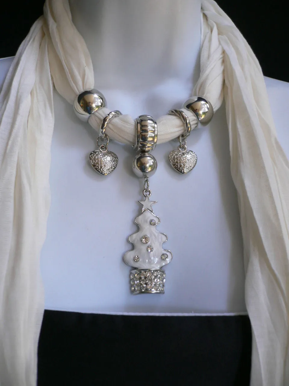 White Long Scarf Necklace Snow Christmas Tree Stars Pendant