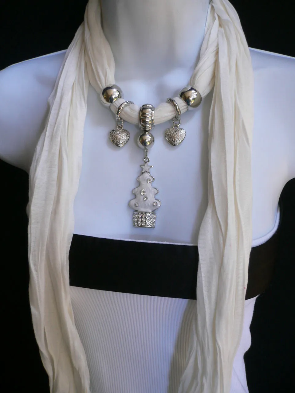 White Long Scarf Necklace Snow Christmas Tree Stars Pendant