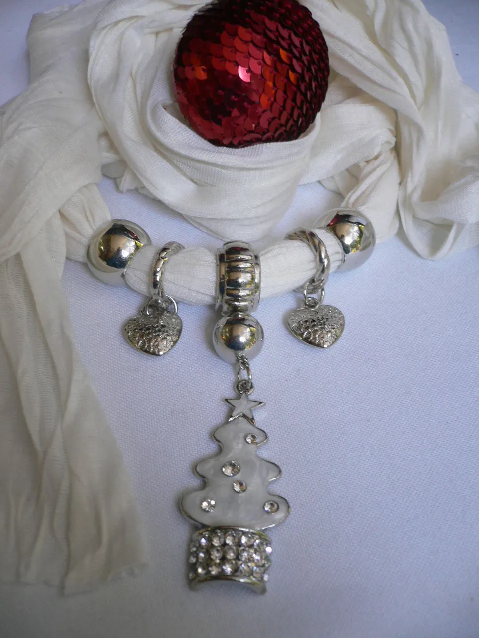 White Long Scarf Necklace Snow Christmas Tree Stars Pendant