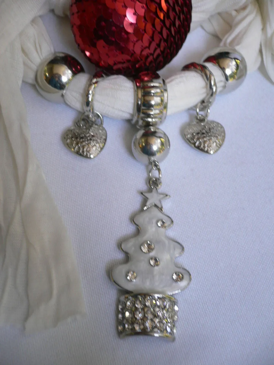 White Long Scarf Necklace Snow Christmas Tree Stars Pendant