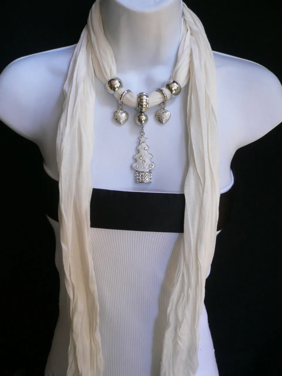 White Long Scarf Necklace Snow Christmas Tree Stars Pendant