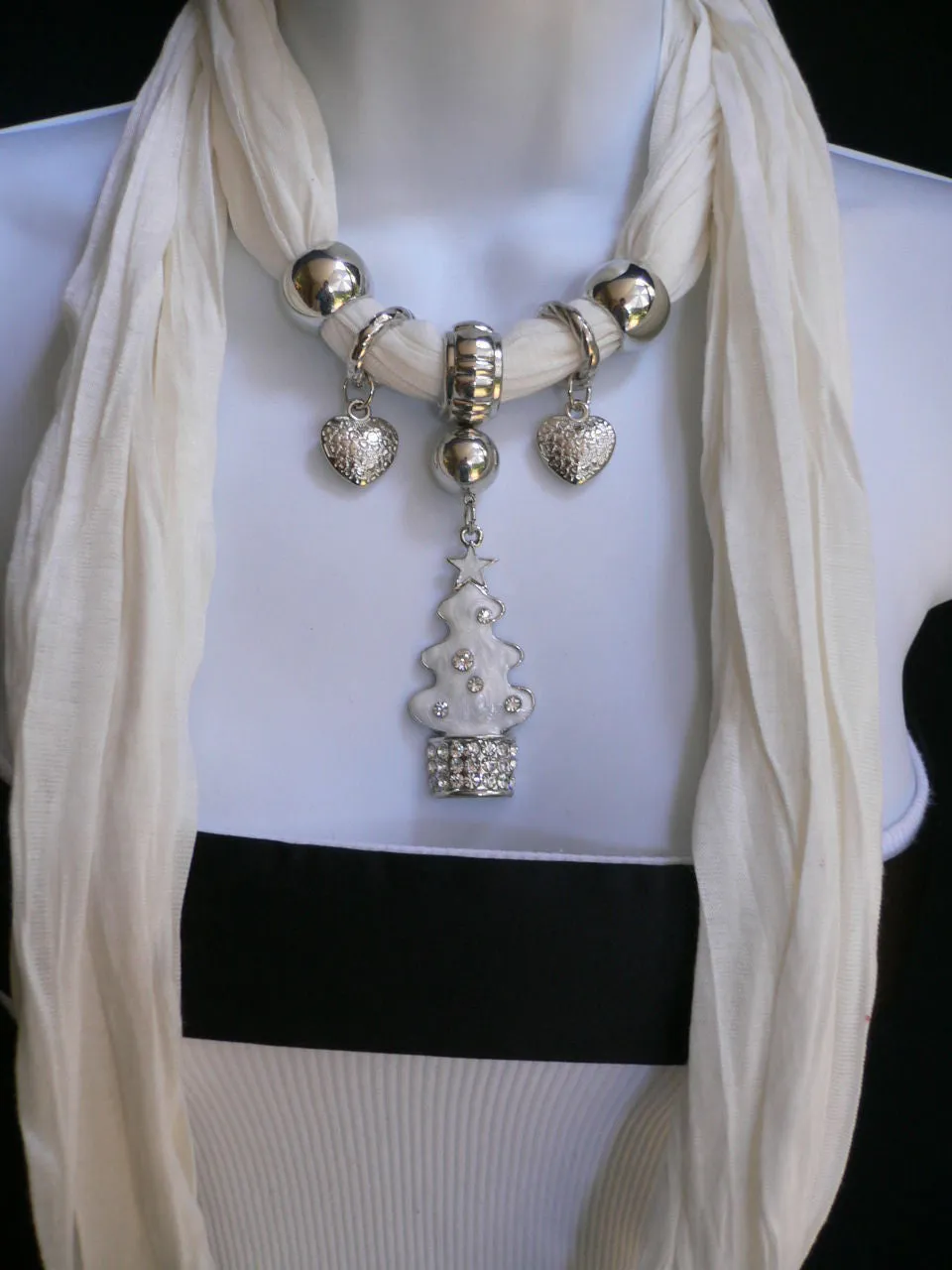 White Long Scarf Necklace Snow Christmas Tree Stars Pendant