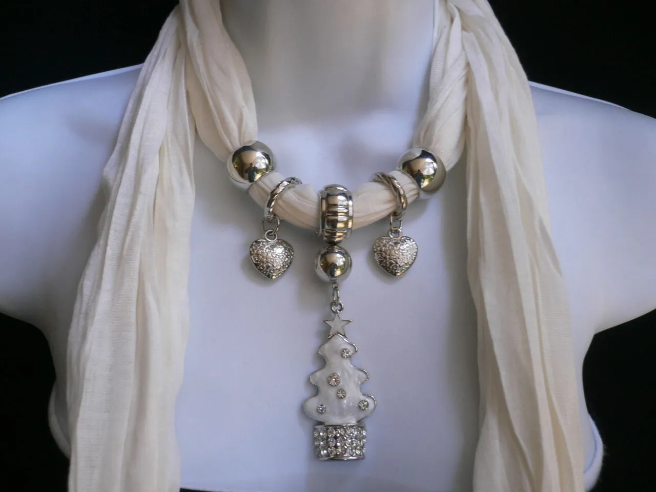White Long Scarf Necklace Snow Christmas Tree Stars Pendant