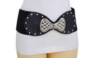 Wide Black Elastic Waistband Fashion Belt Bling Bow Tie Buckle Size S M