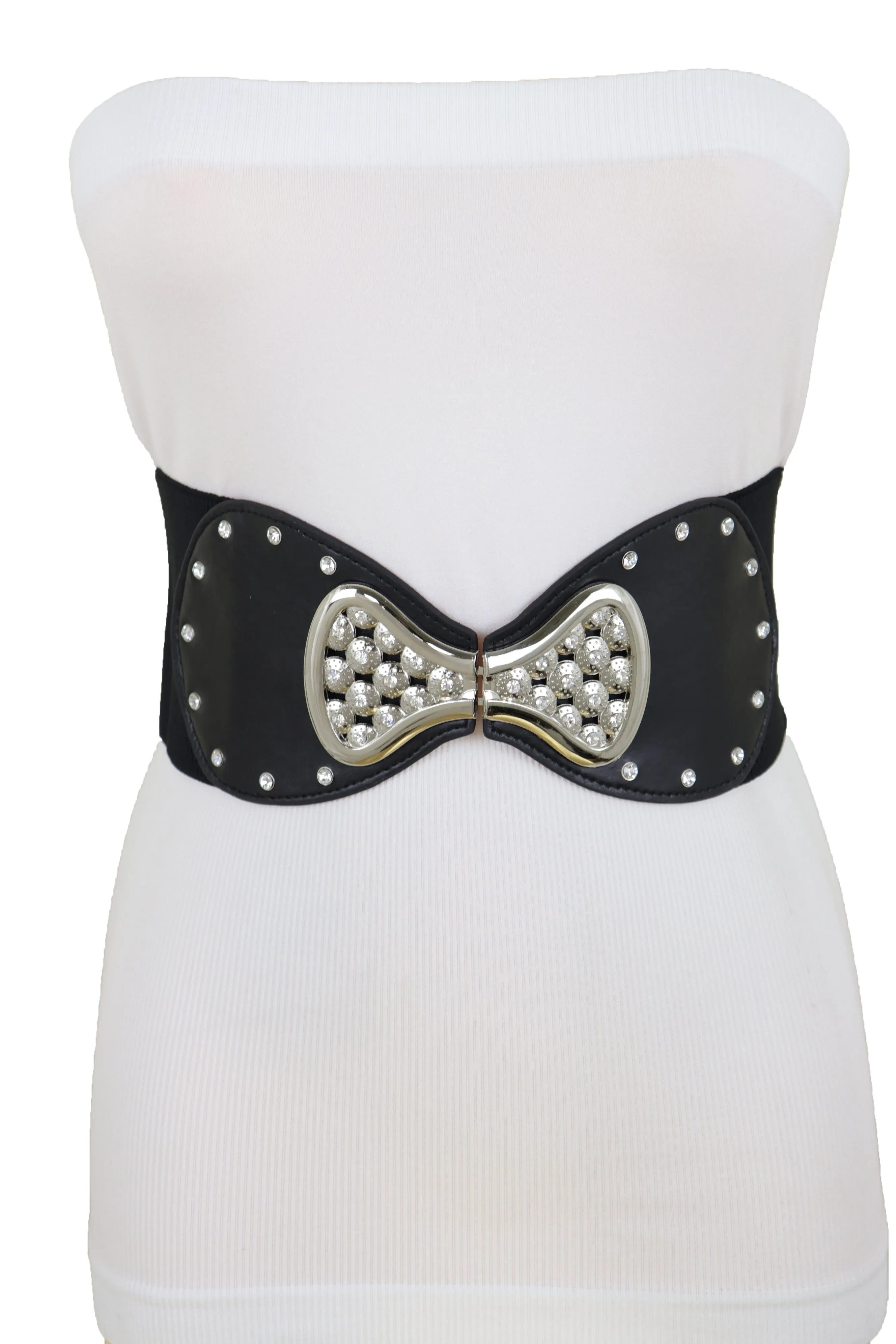 Wide Black Elastic Waistband Fashion Belt Bling Bow Tie Buckle Size S M
