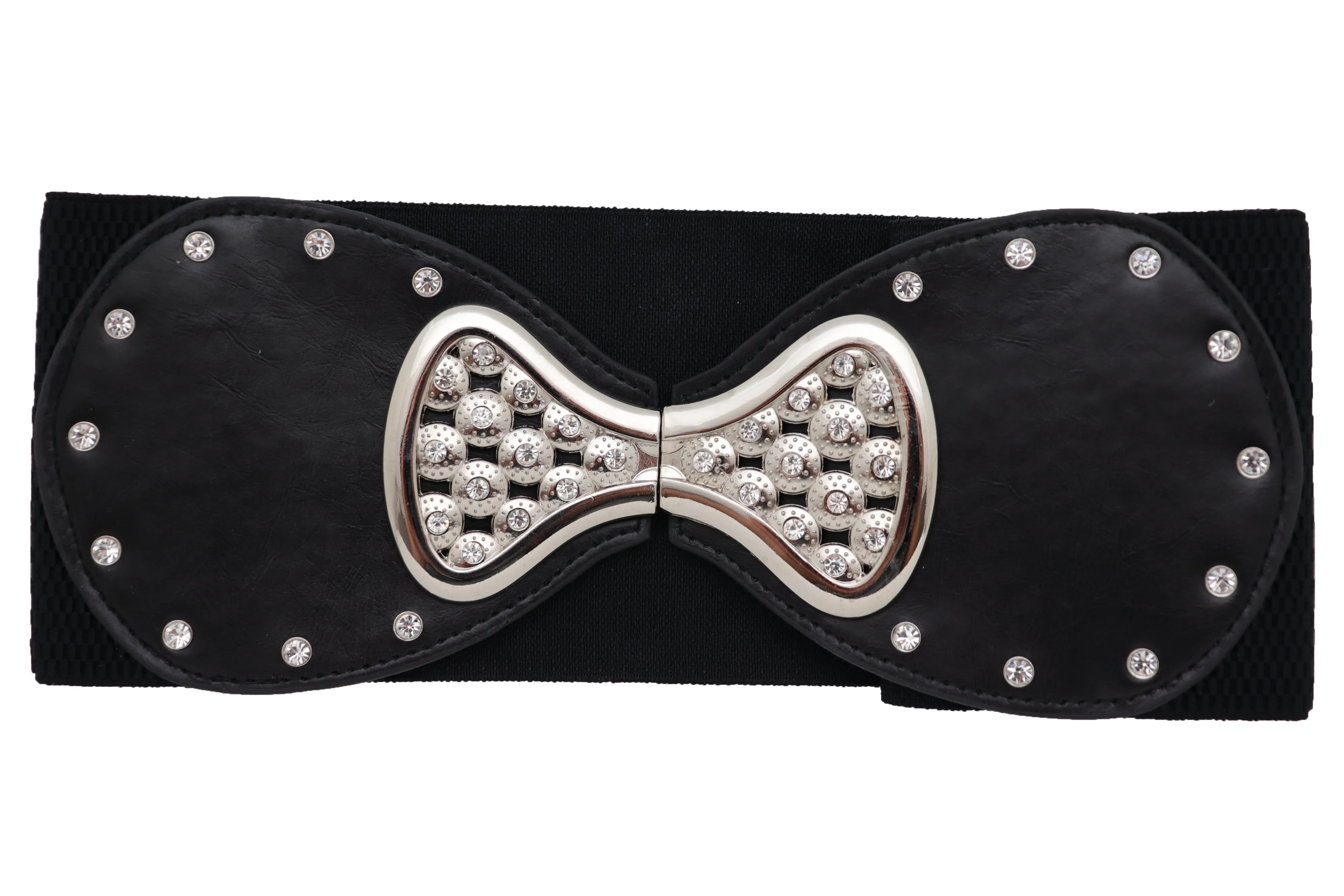 Wide Black Elastic Waistband Fashion Belt Bling Bow Tie Buckle Size S M