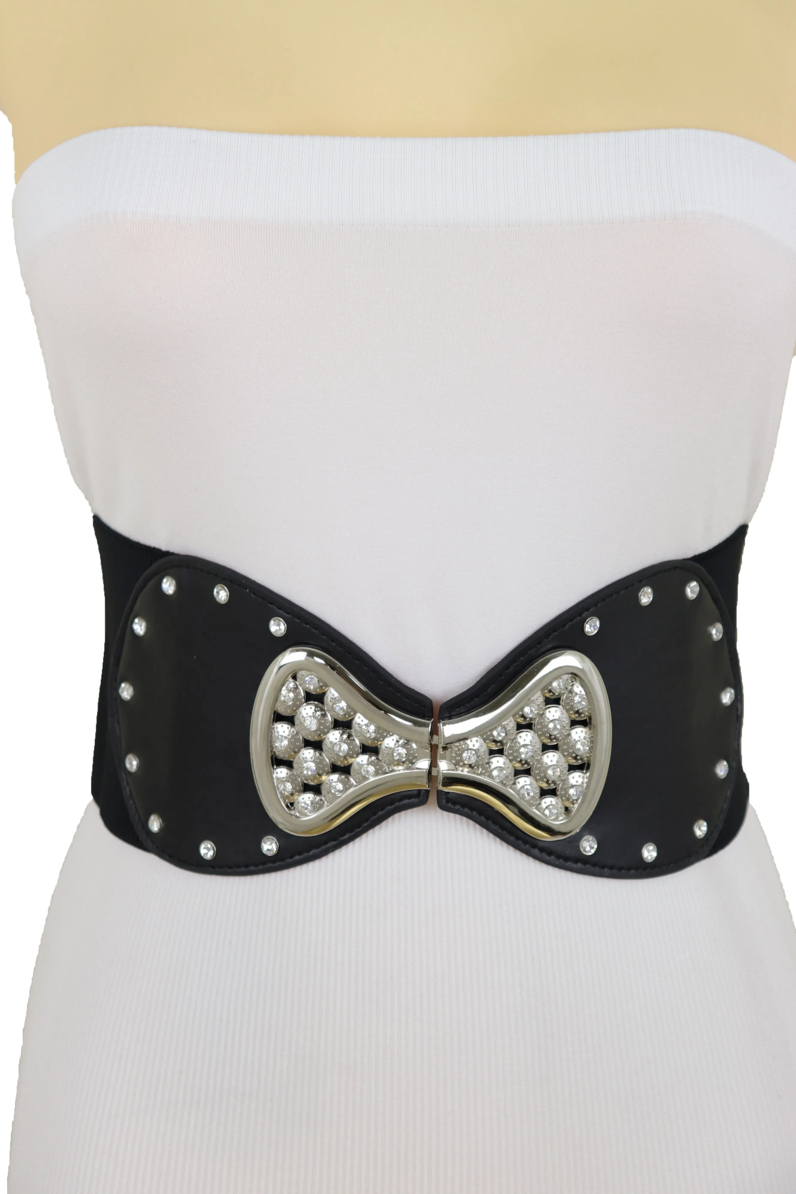 Wide Black Elastic Waistband Fashion Belt Bling Bow Tie Buckle Size S M