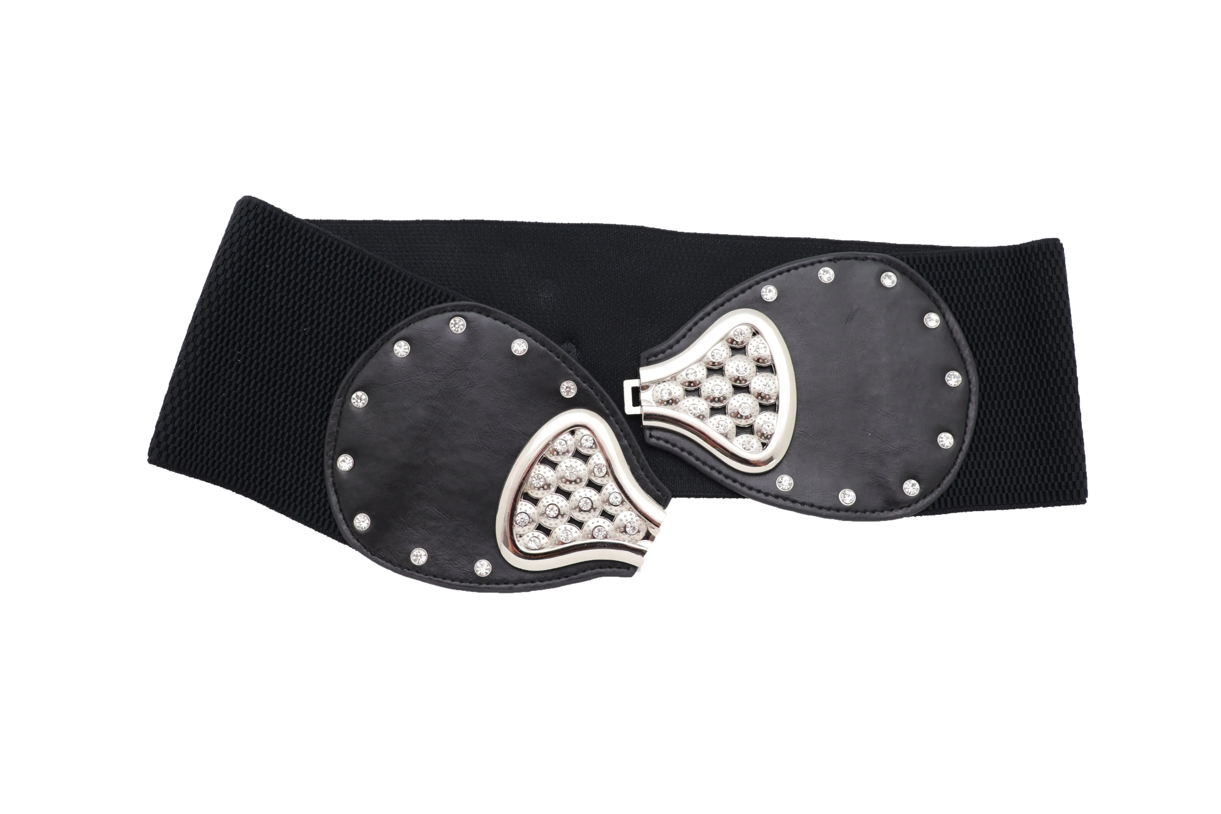 Wide Black Elastic Waistband Fashion Belt Bling Bow Tie Buckle Size S M