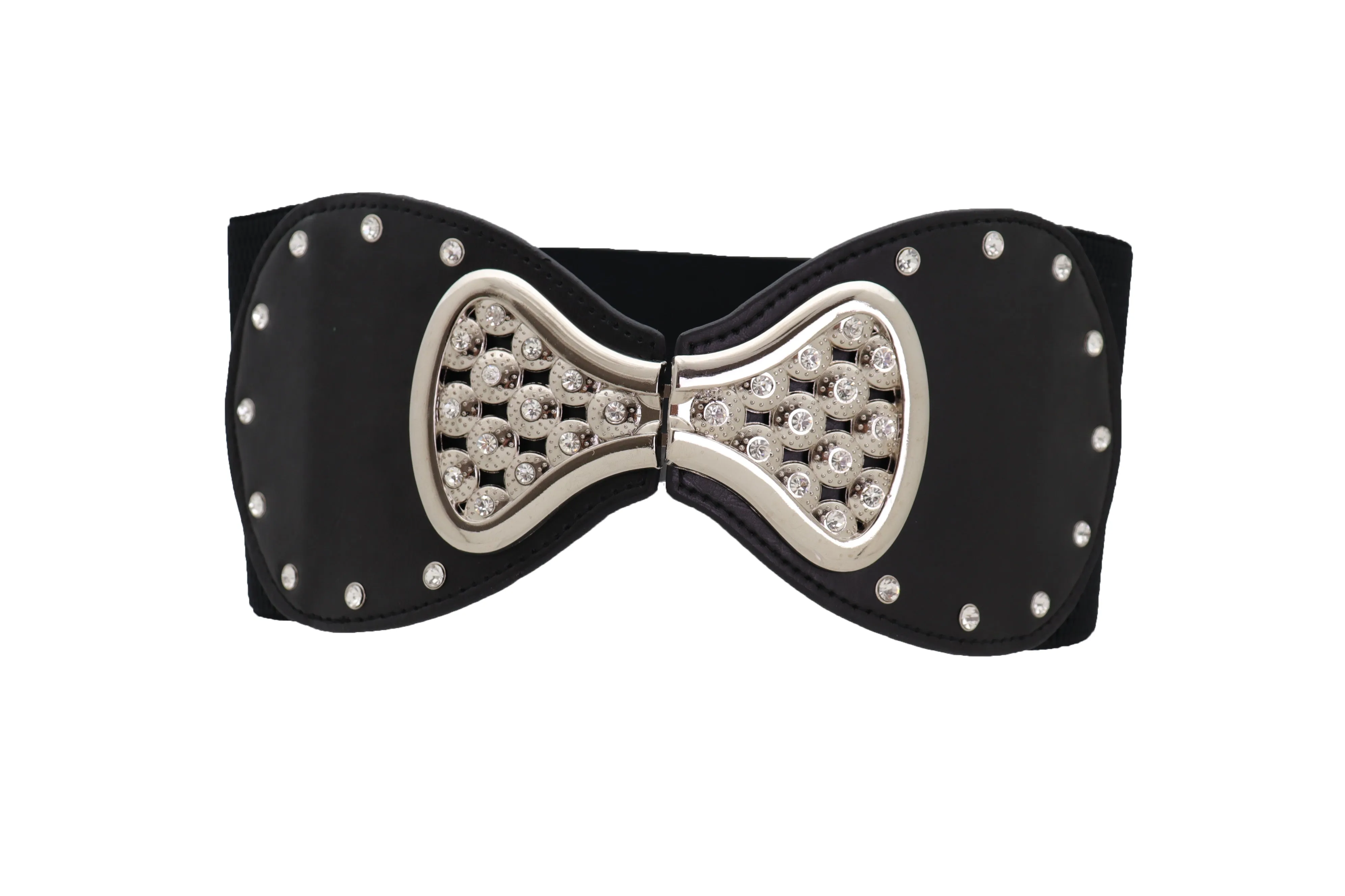 Wide Black Elastic Waistband Fashion Belt Bling Bow Tie Buckle Size S M