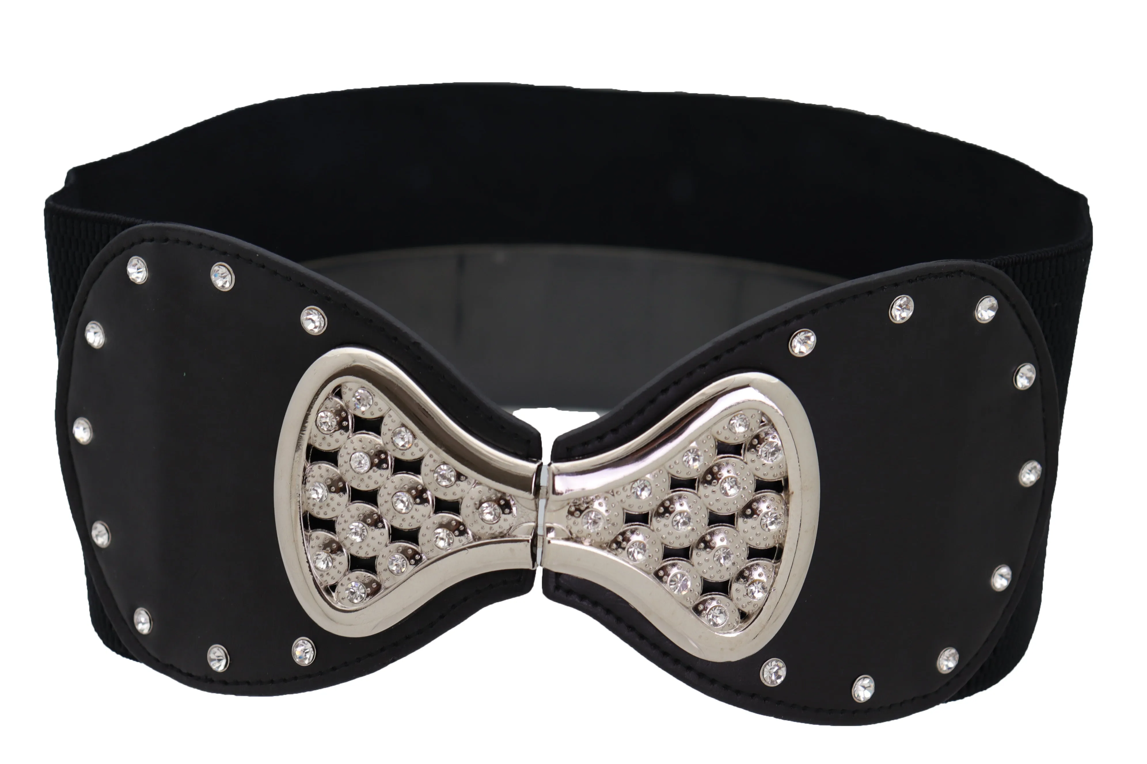 Wide Black Elastic Waistband Fashion Belt Bling Bow Tie Buckle Size S M