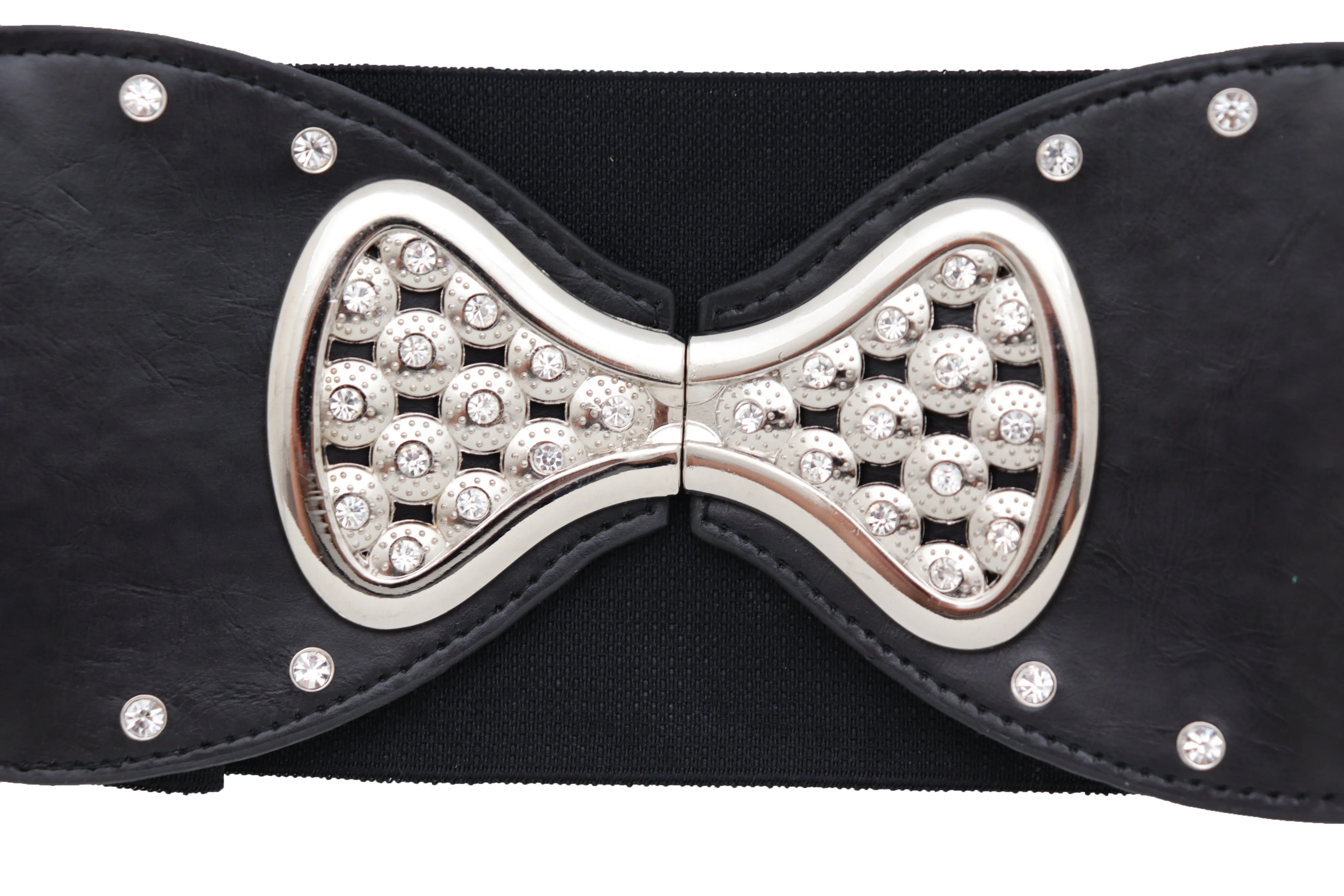 Wide Black Elastic Waistband Fashion Belt Bling Bow Tie Buckle Size S M