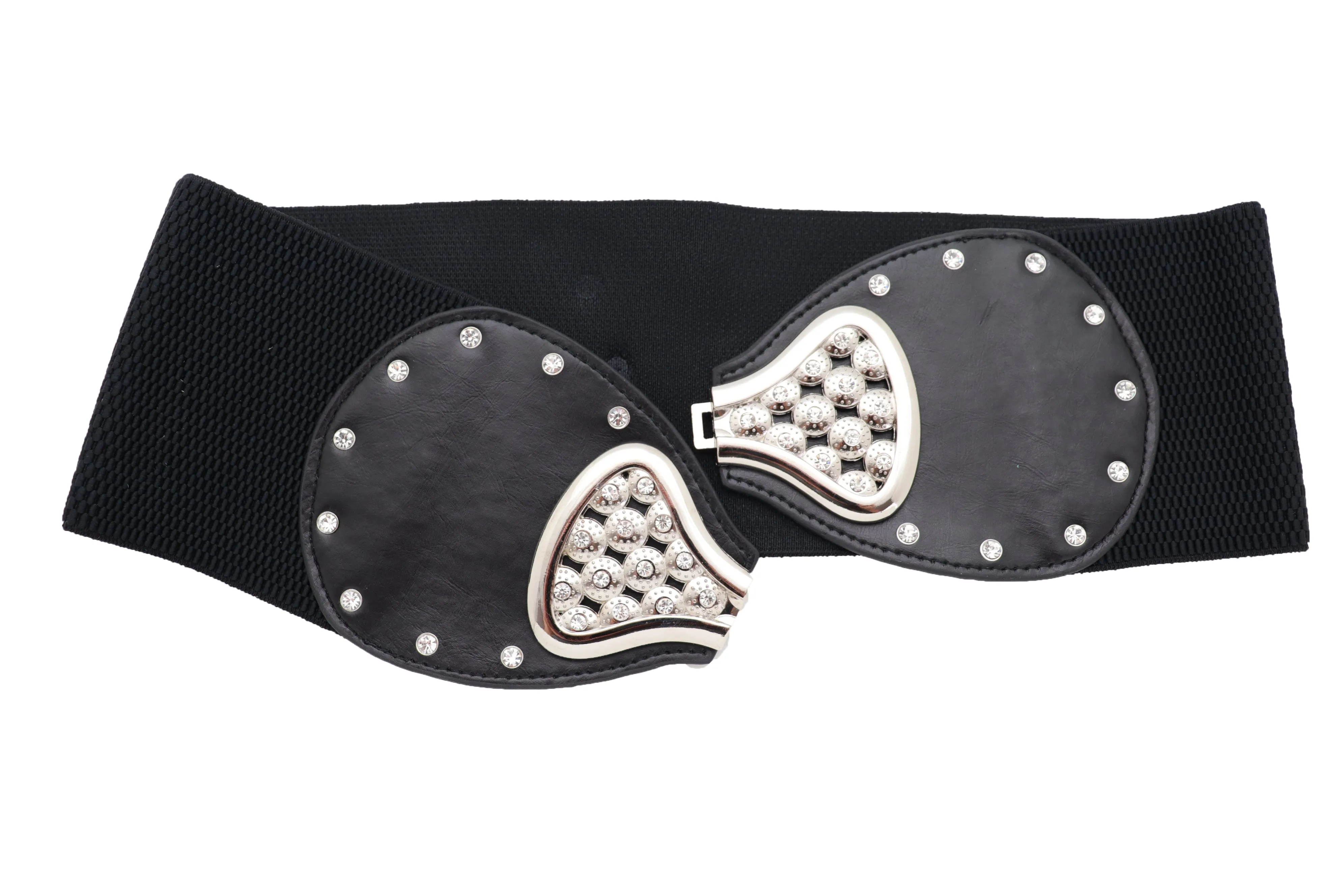 Wide Black Elastic Waistband Fashion Belt Bling Bow Tie Buckle Size S M