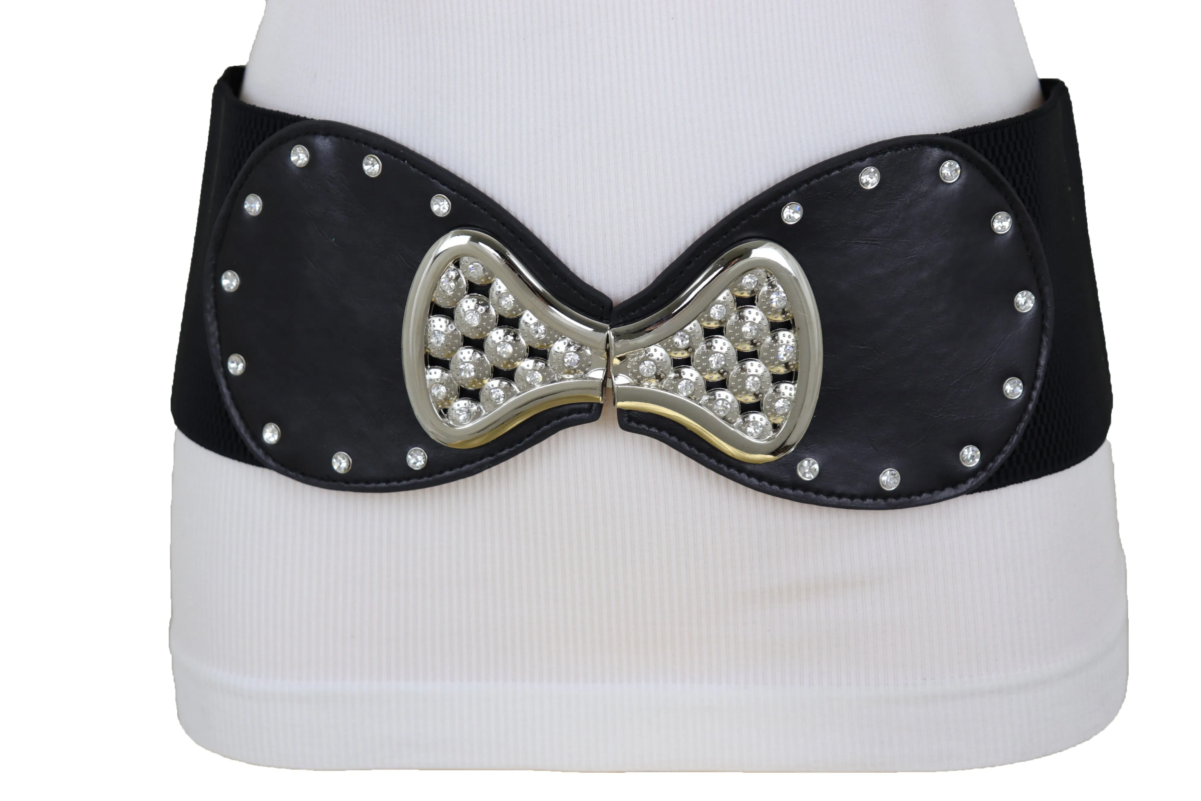 Wide Black Elastic Waistband Fashion Belt Bling Bow Tie Buckle Size S M