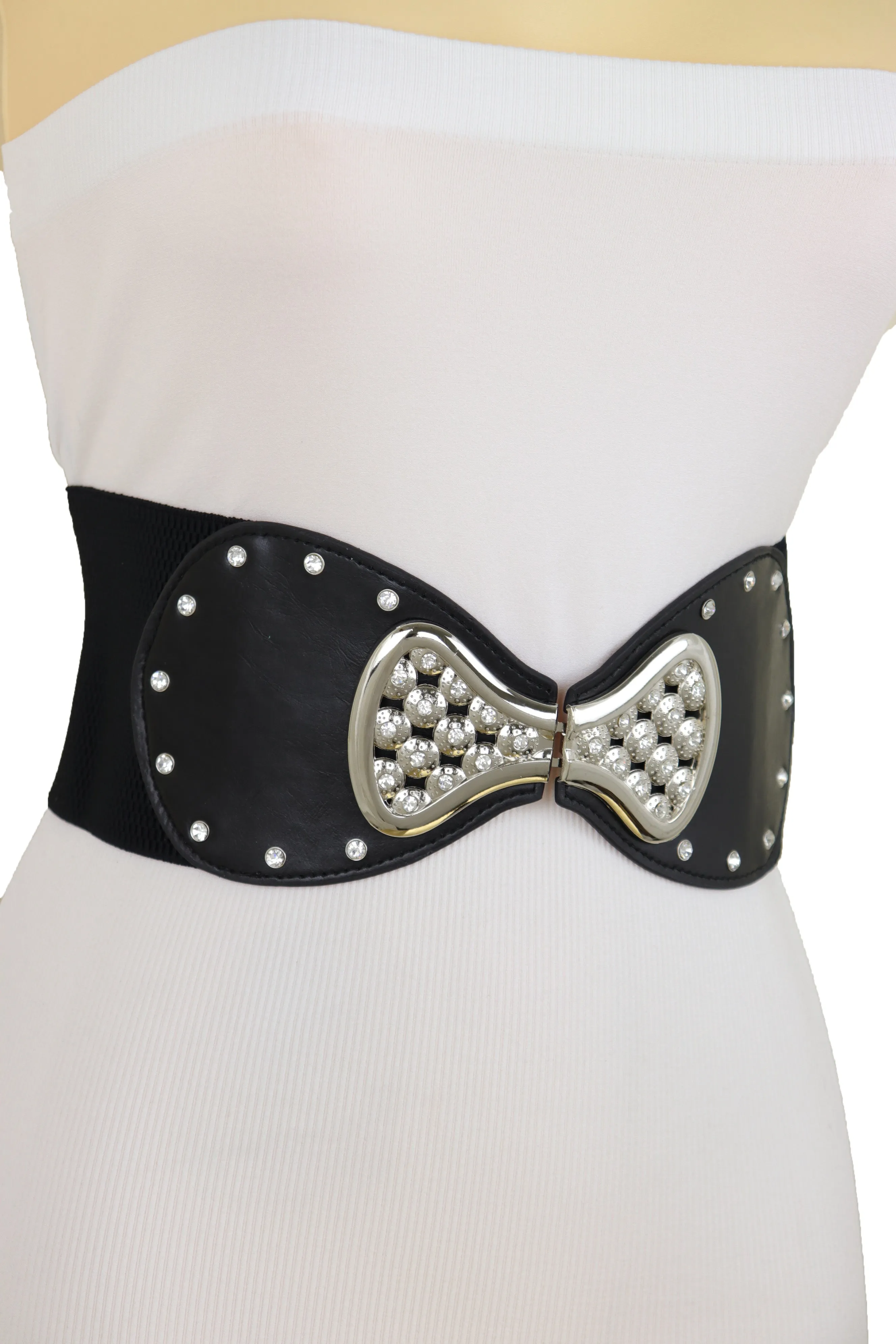 Wide Black Elastic Waistband Fashion Belt Bling Bow Tie Buckle Size S M