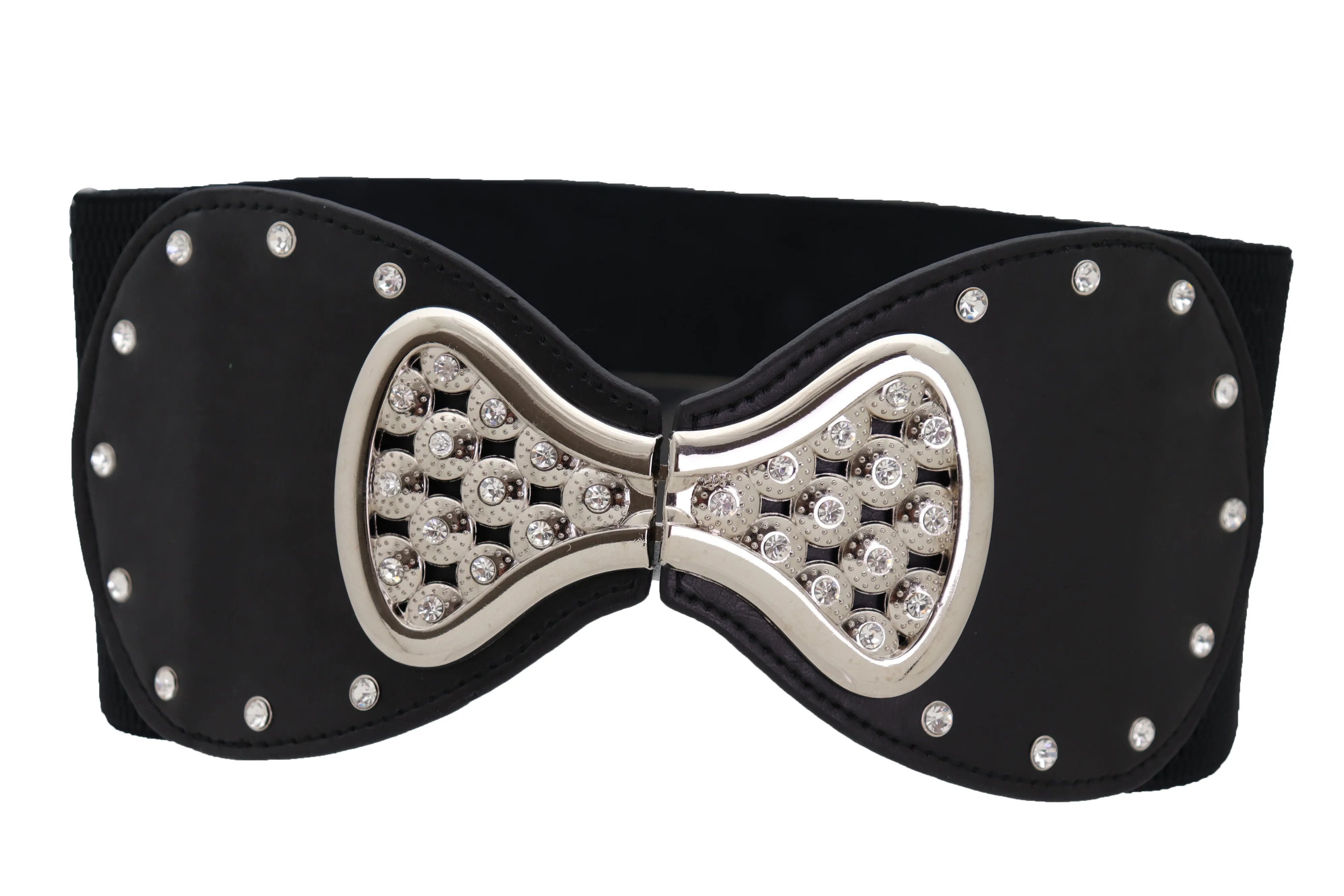 Wide Black Elastic Waistband Fashion Belt Bling Bow Tie Buckle Size S M