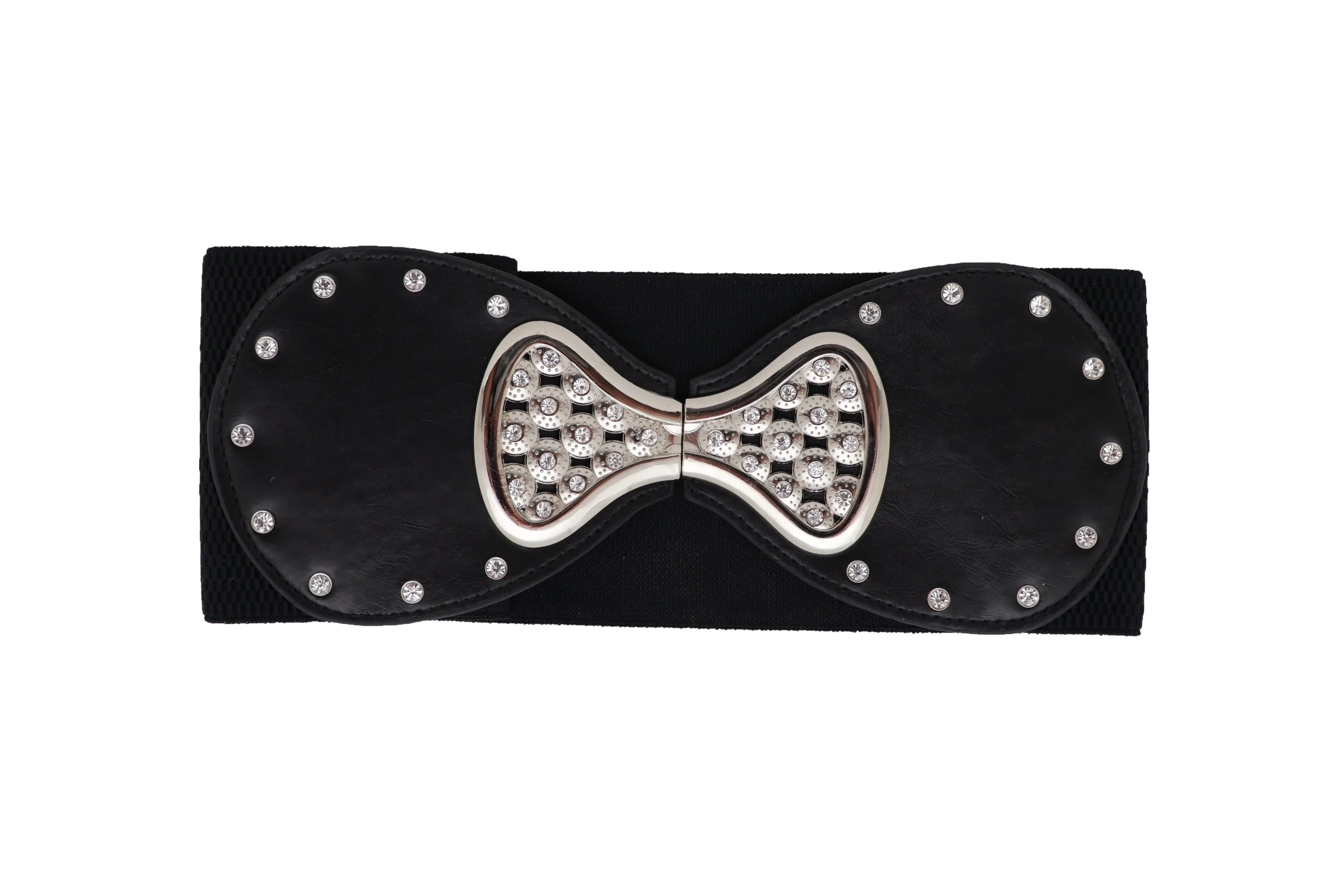 Wide Black Elastic Waistband Fashion Belt Bling Bow Tie Buckle Size S M