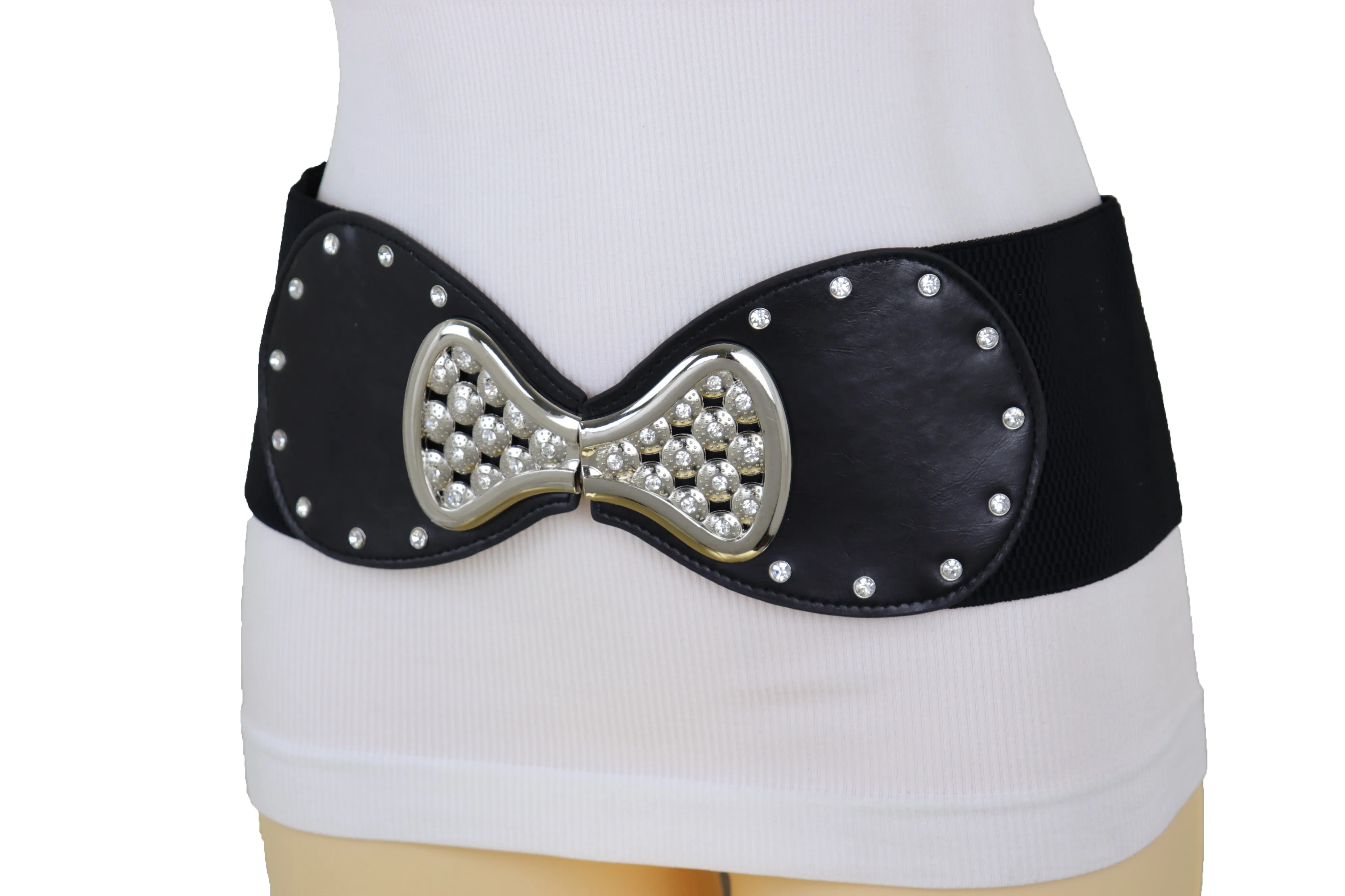 Wide Black Elastic Waistband Fashion Belt Bling Bow Tie Buckle Size S M