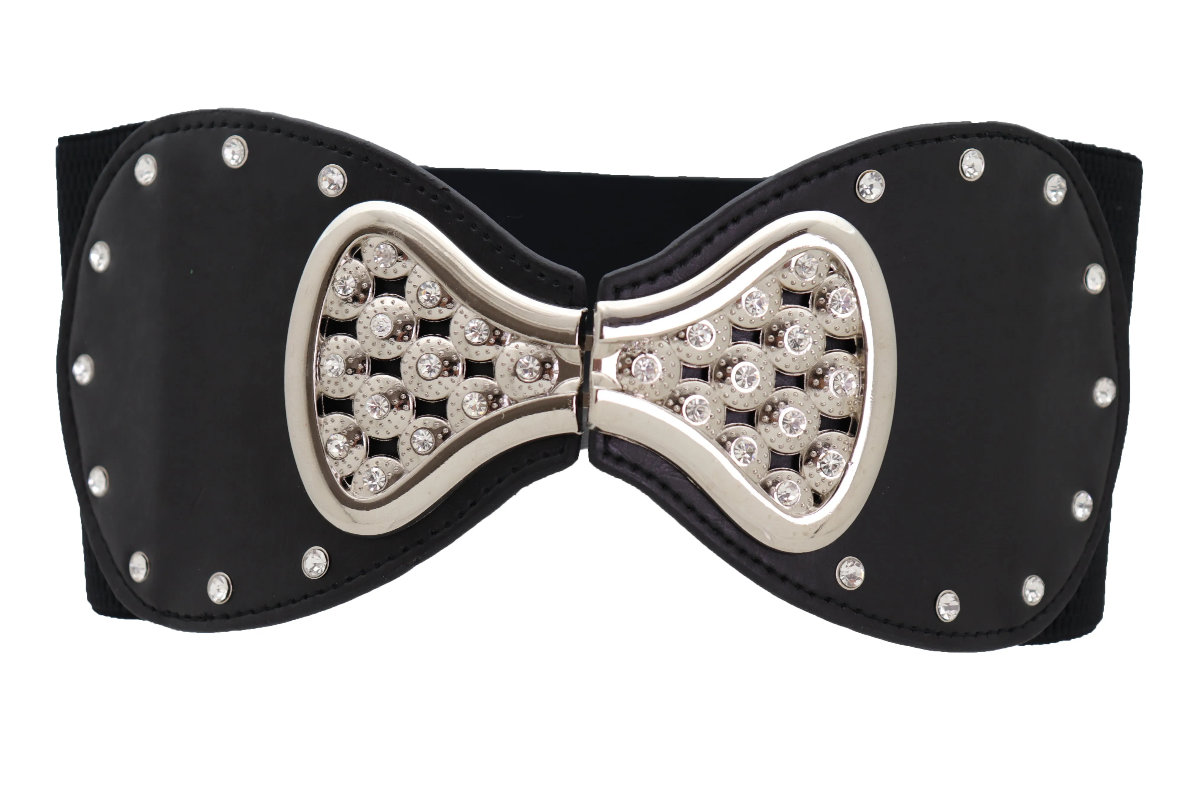 Wide Black Elastic Waistband Fashion Belt Bling Bow Tie Buckle Size S M