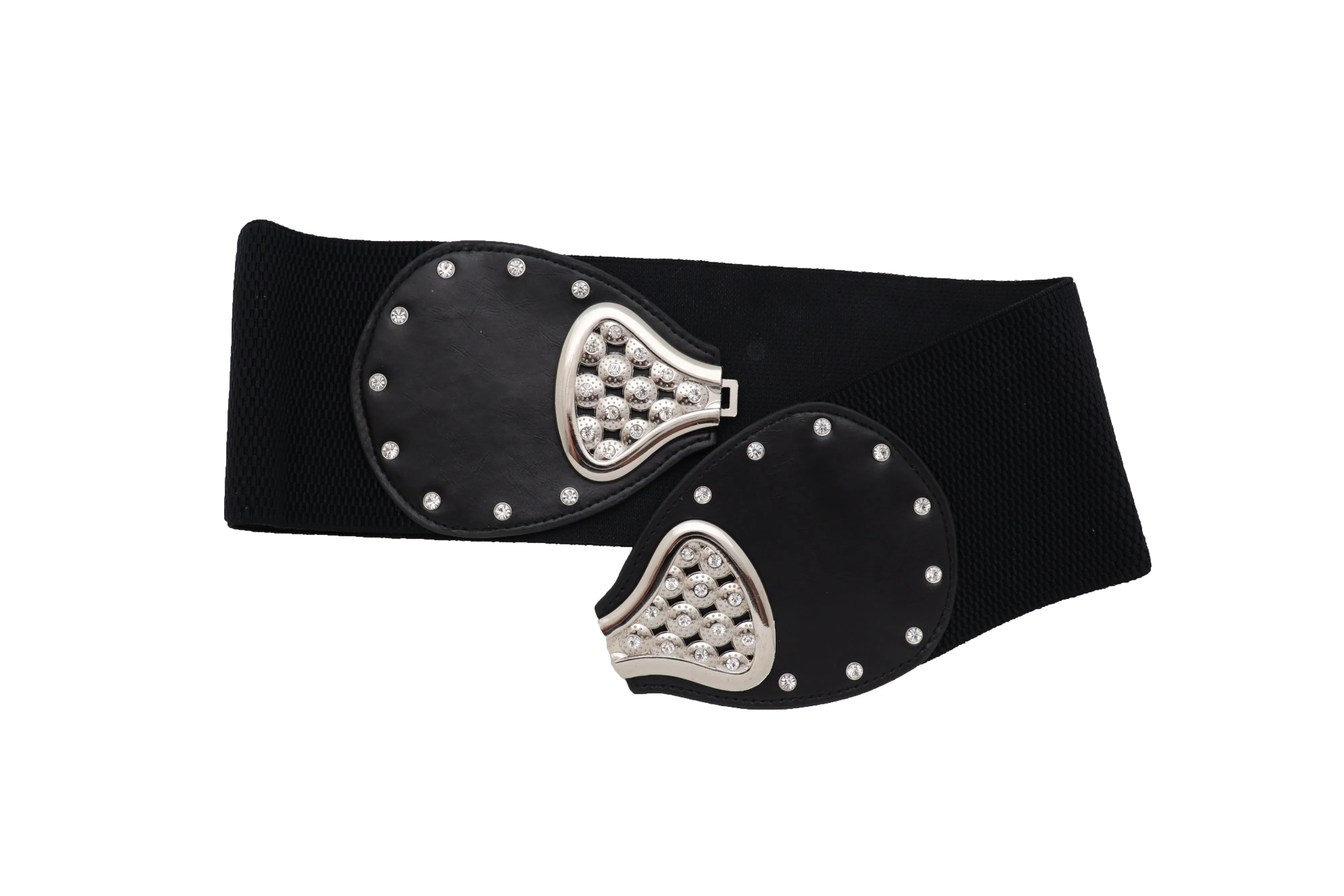 Wide Black Elastic Waistband Fashion Belt Bling Bow Tie Buckle Size S M