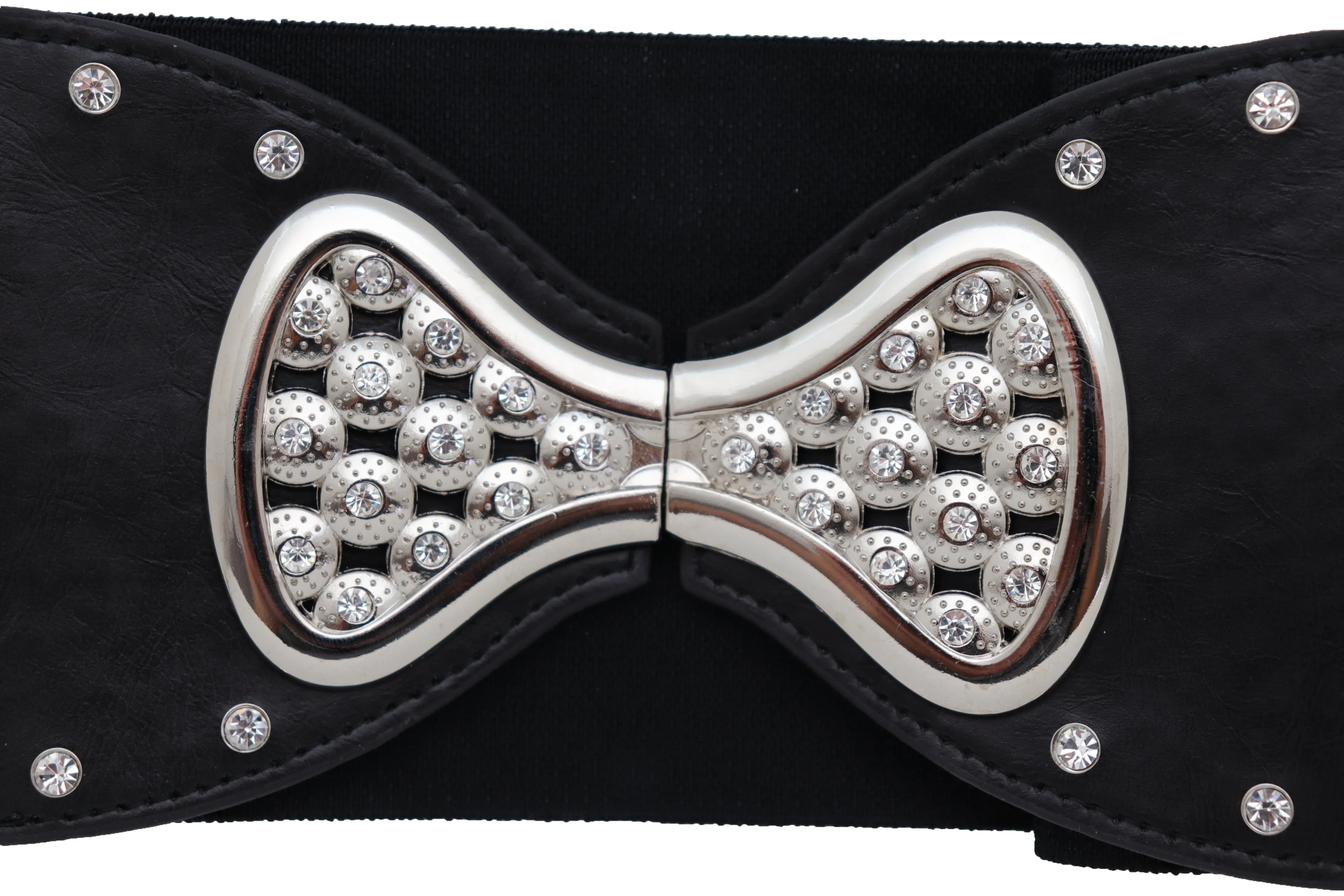 Wide Black Elastic Waistband Fashion Belt Bling Bow Tie Buckle Size S M