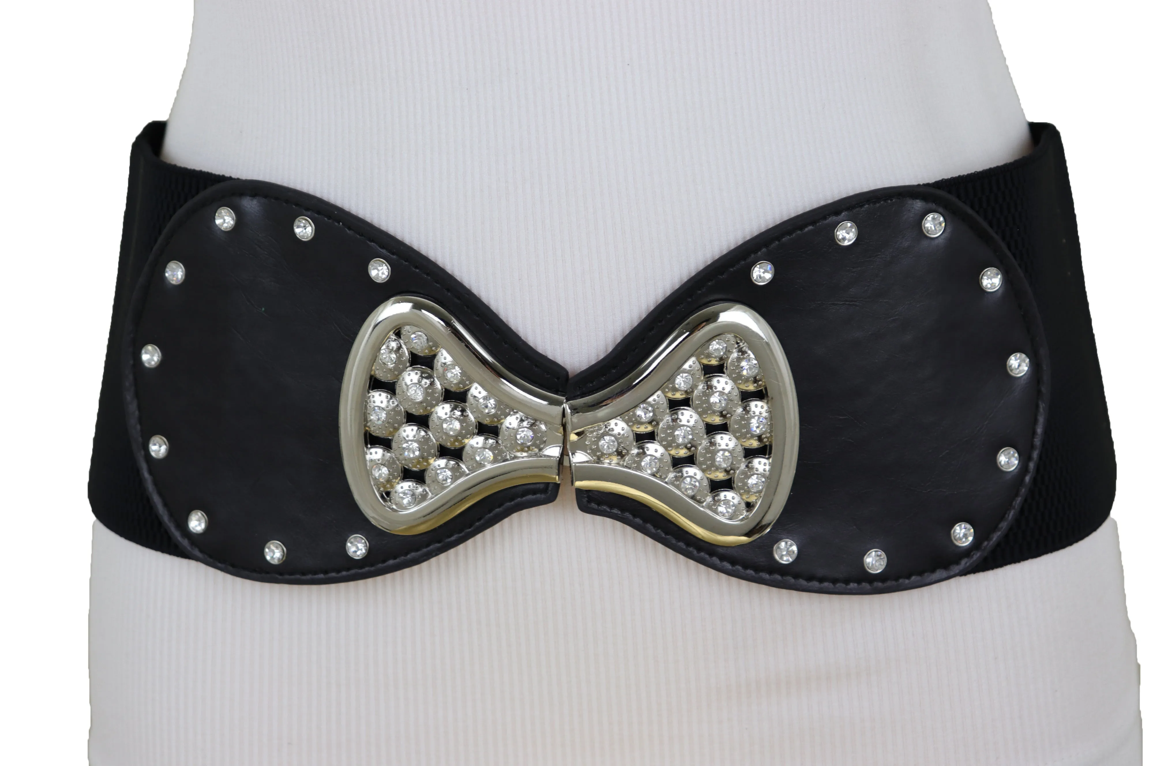 Wide Black Elastic Waistband Fashion Belt Bling Bow Tie Buckle Size S M
