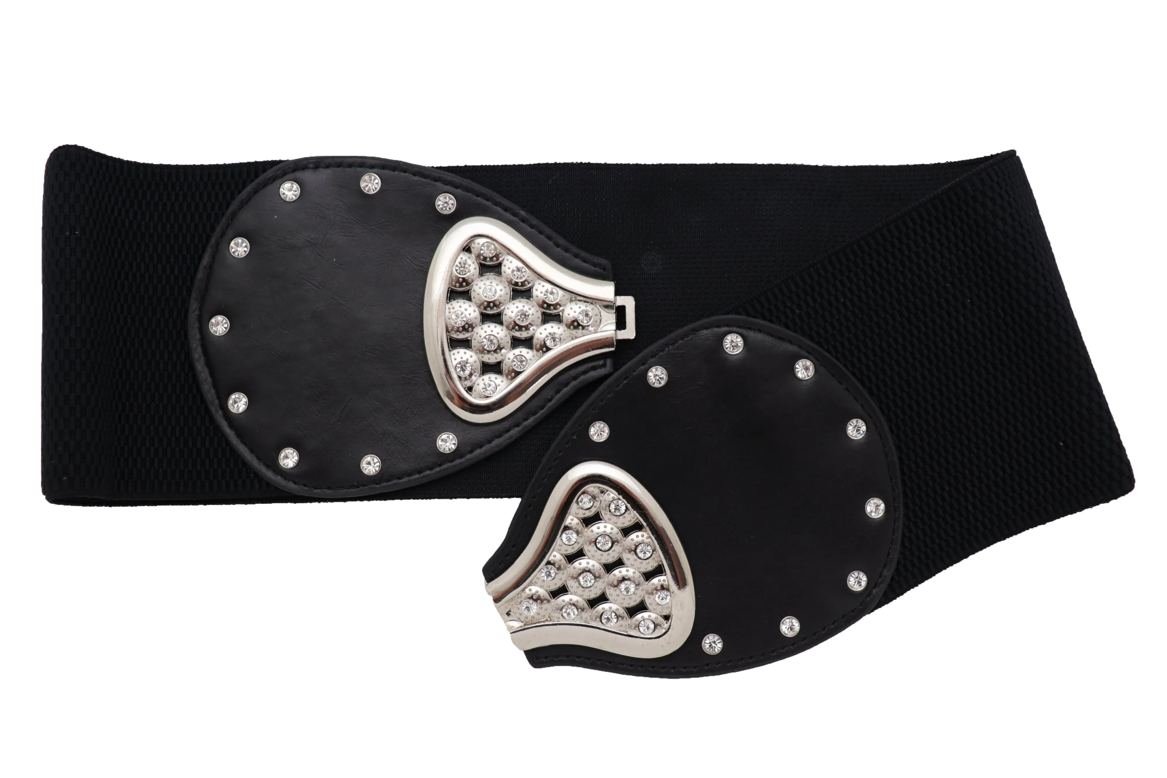 Wide Black Elastic Waistband Fashion Belt Bling Bow Tie Buckle Size S M