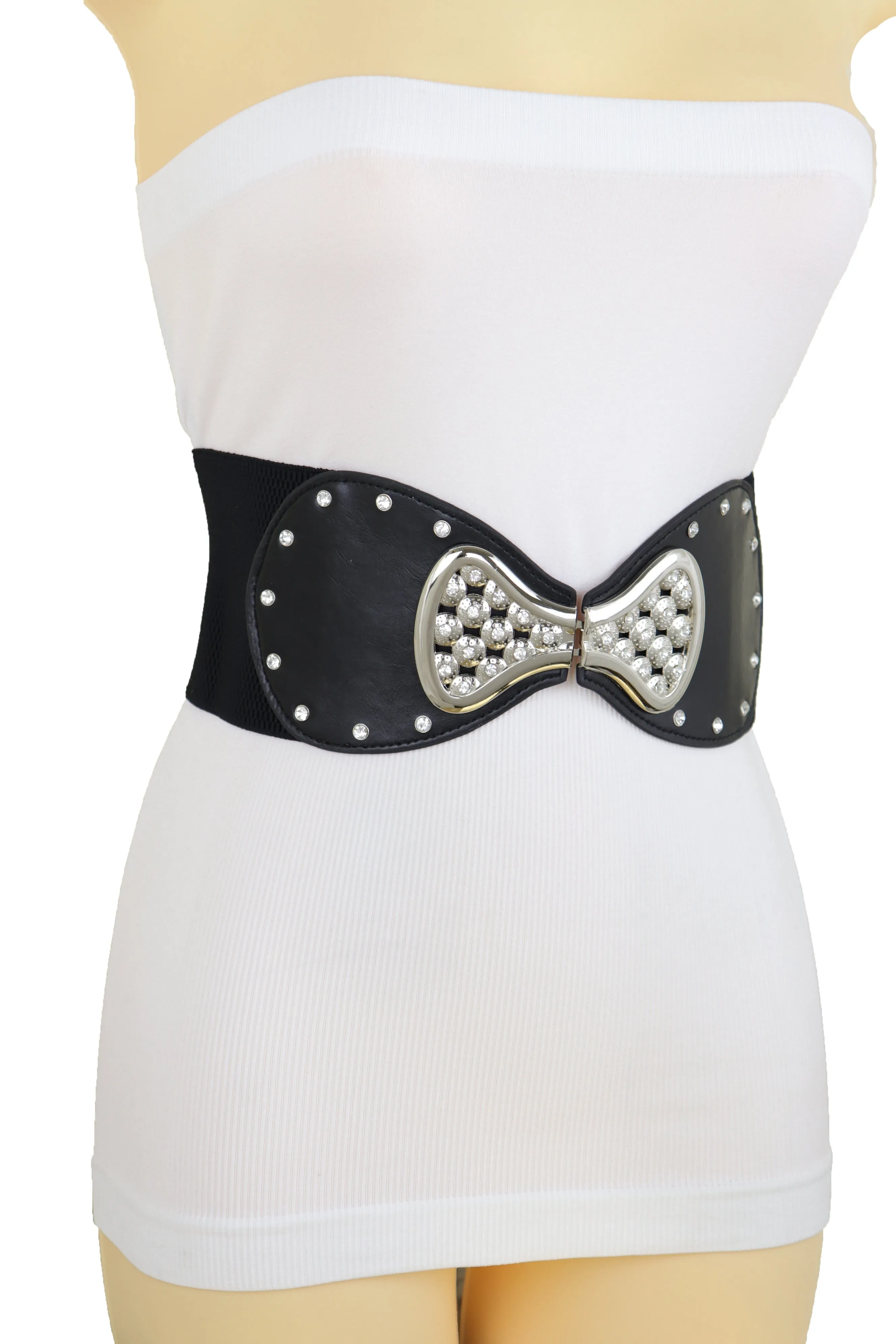 Wide Black Elastic Waistband Fashion Belt Bling Bow Tie Buckle Size S M