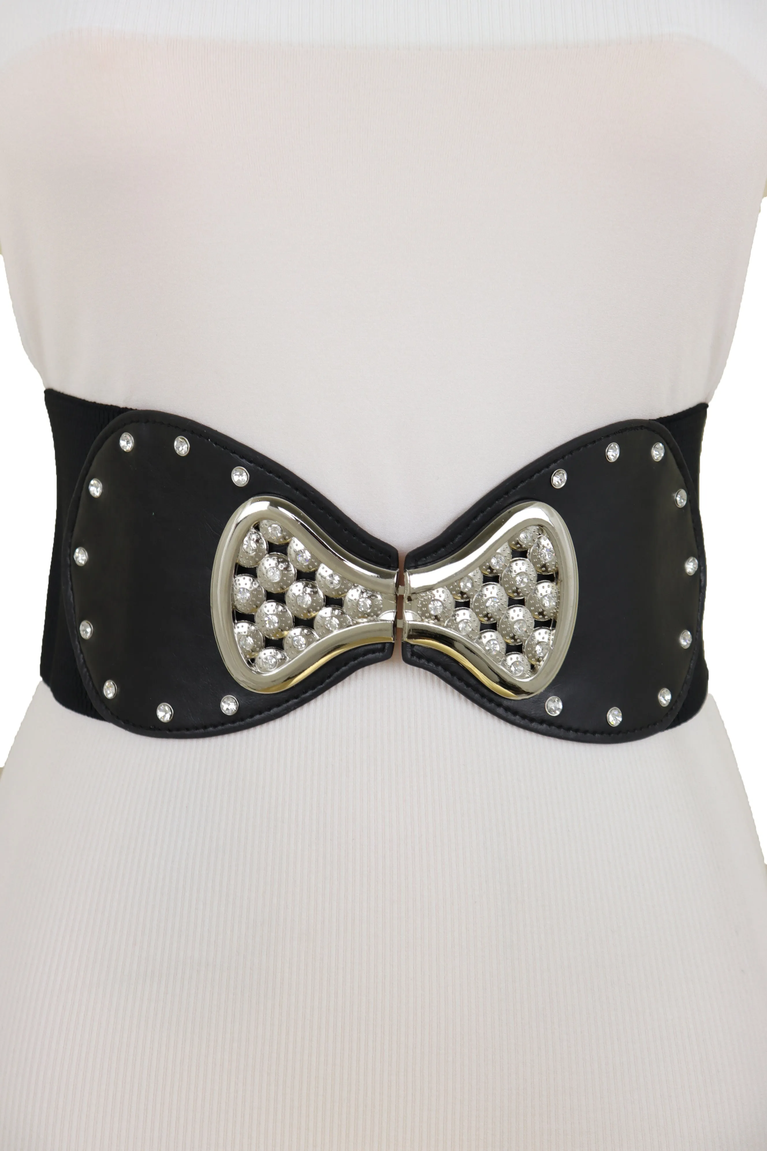 Wide Black Elastic Waistband Fashion Belt Bling Bow Tie Buckle Size S M