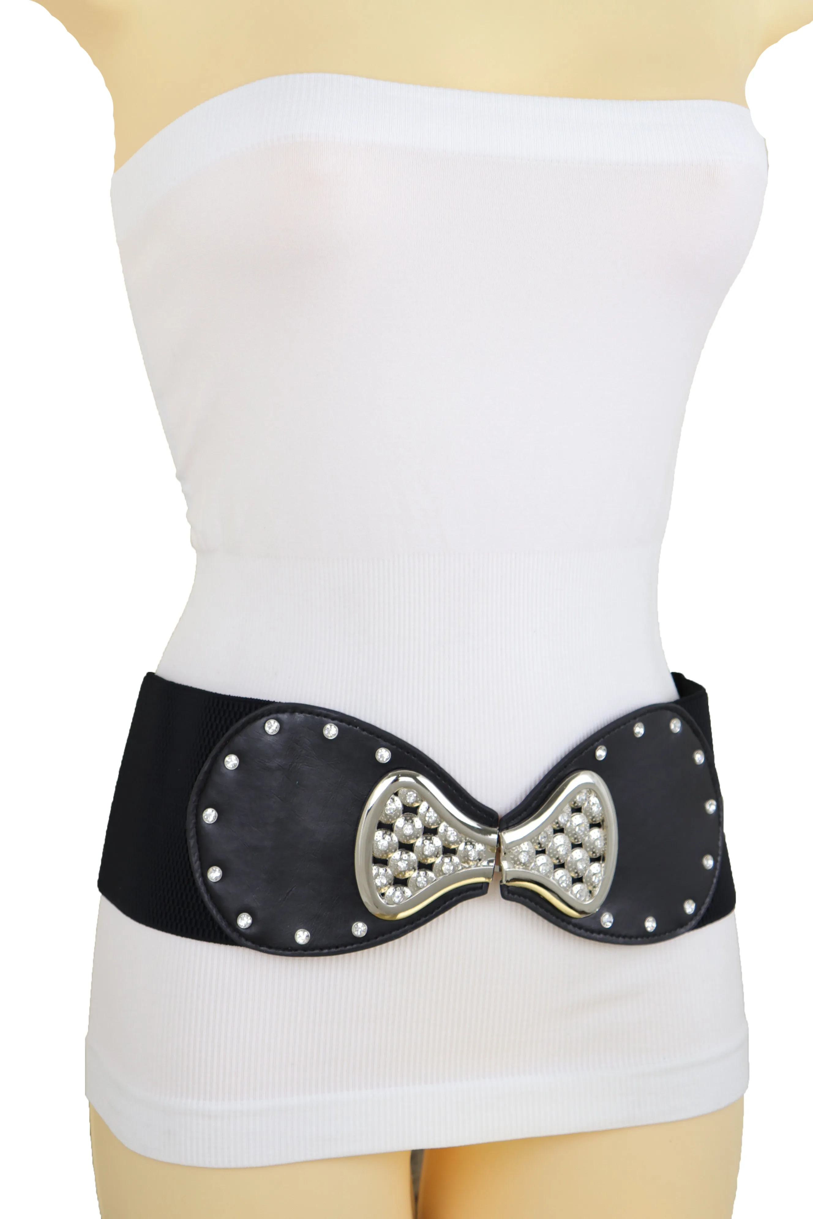 Wide Black Elastic Waistband Fashion Belt Bling Bow Tie Buckle Size S M