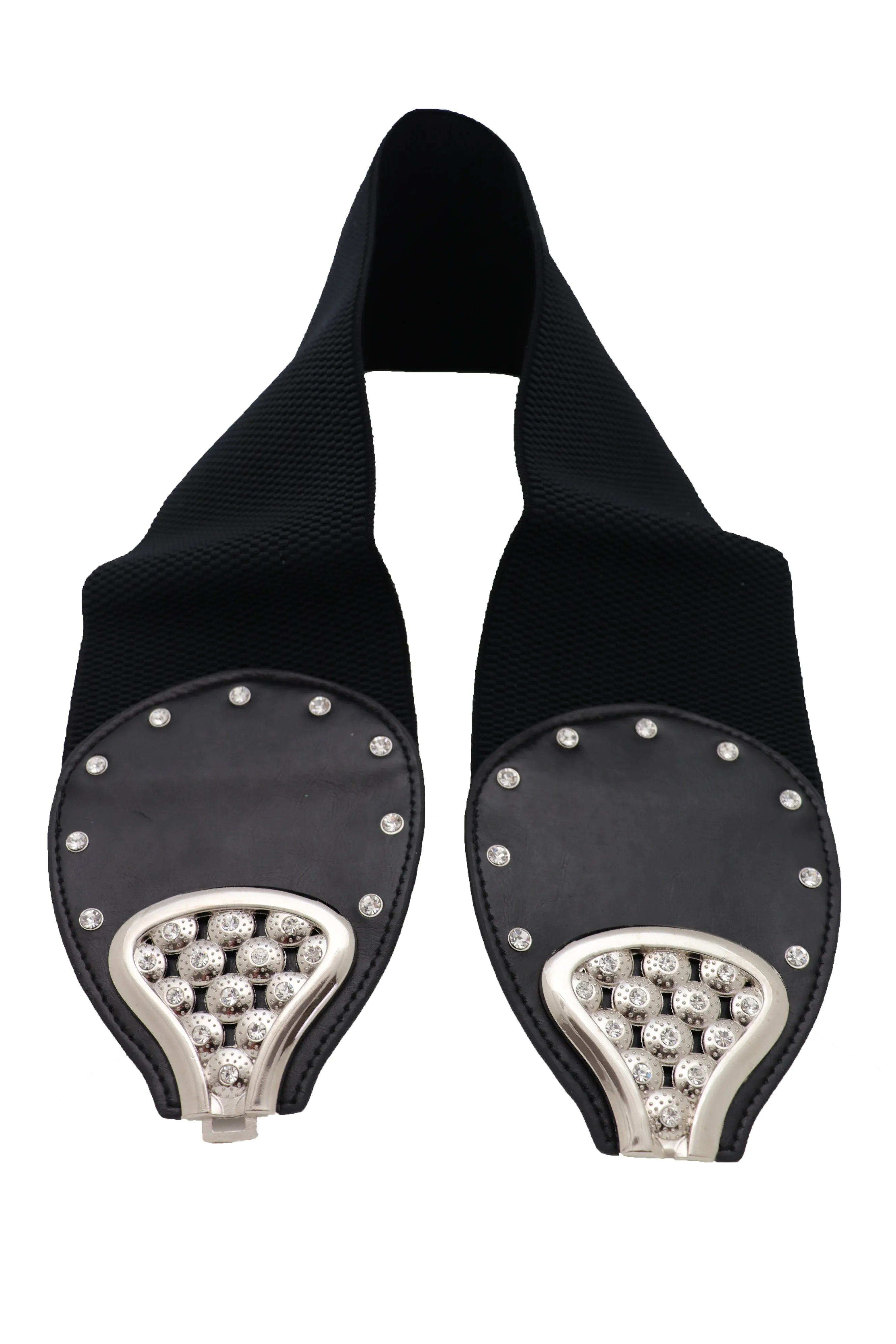 Wide Black Elastic Waistband Fashion Belt Bling Bow Tie Buckle Size S M