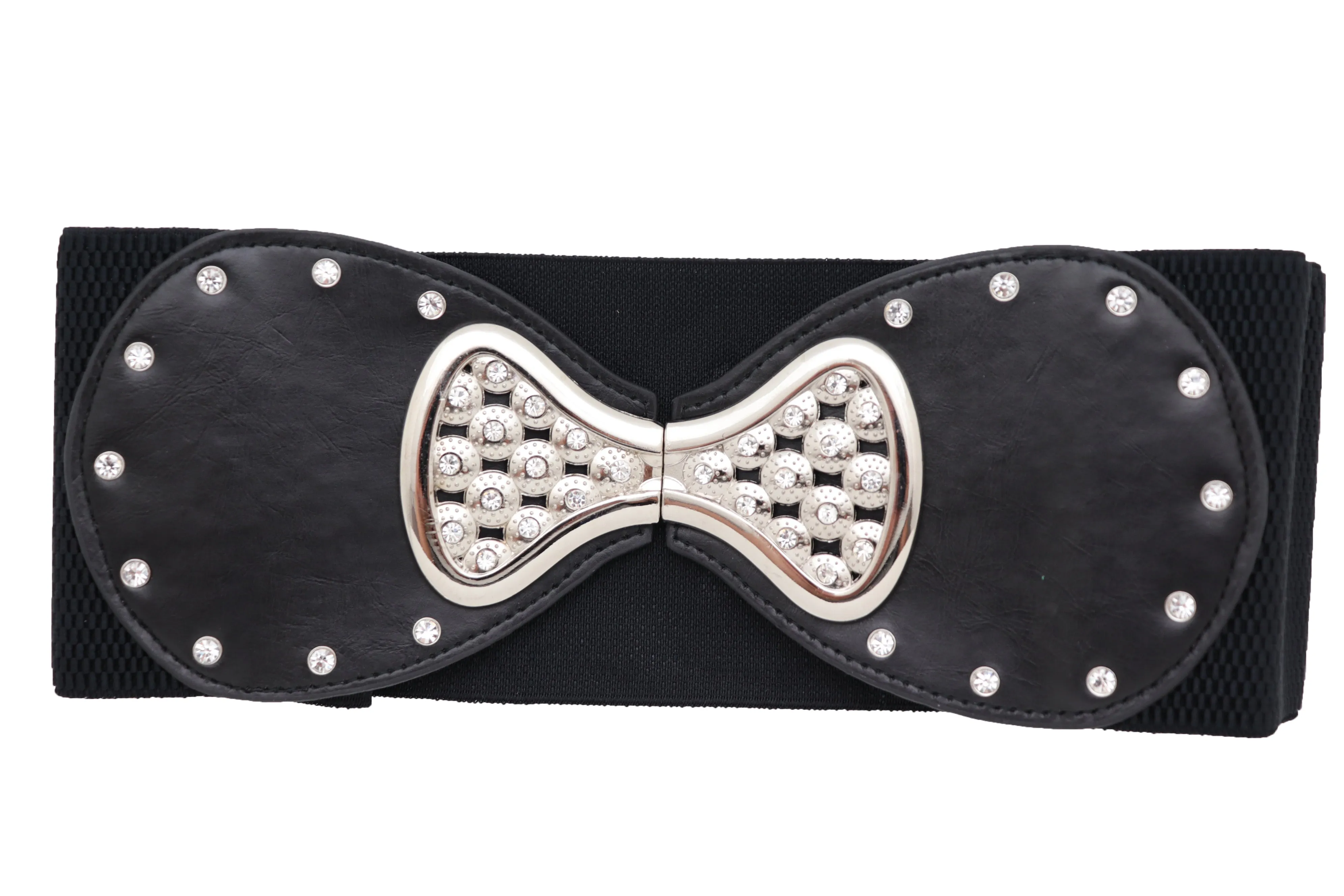 Wide Black Elastic Waistband Fashion Belt Bling Bow Tie Buckle Size S M
