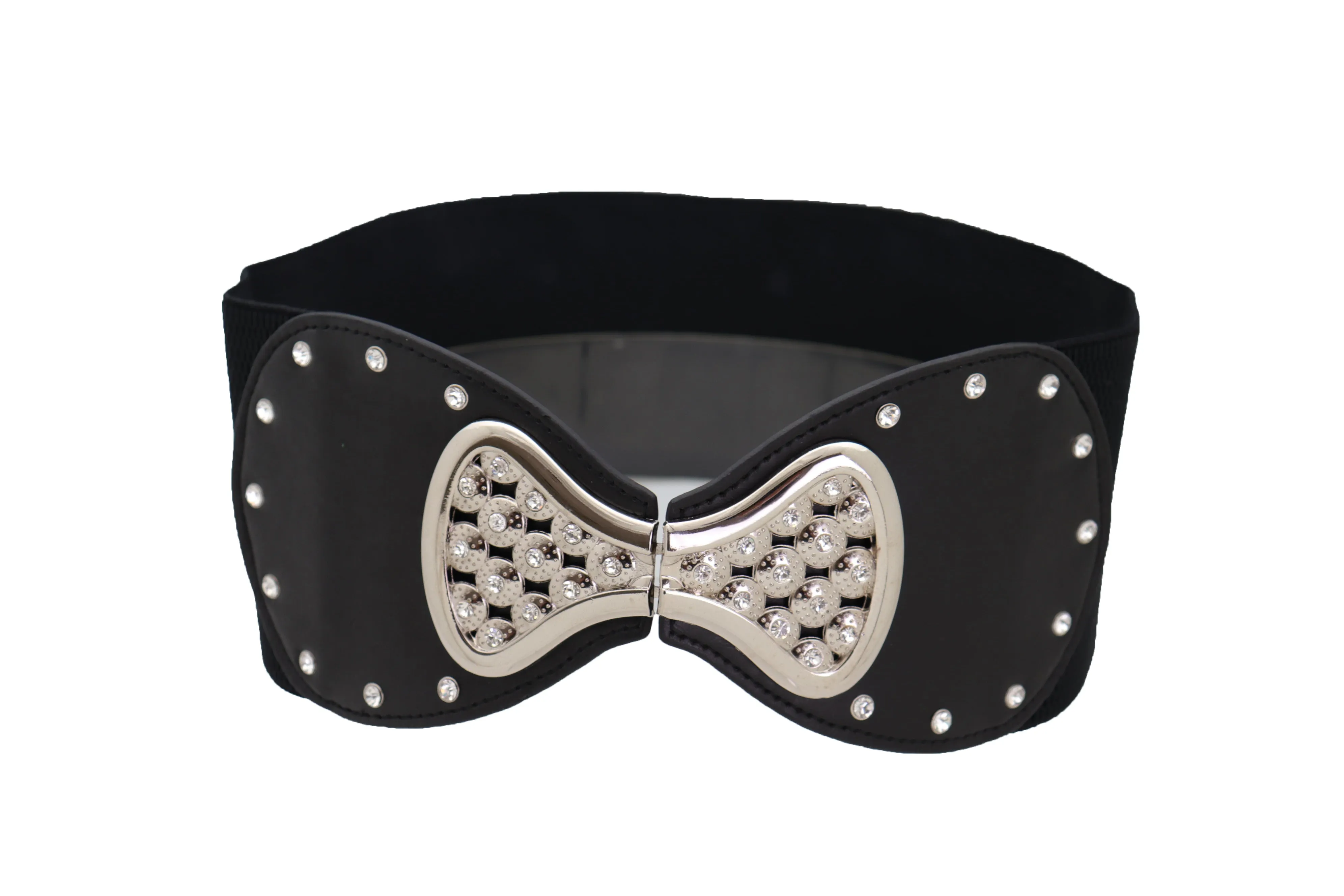 Wide Black Elastic Waistband Fashion Belt Bling Bow Tie Buckle Size S M