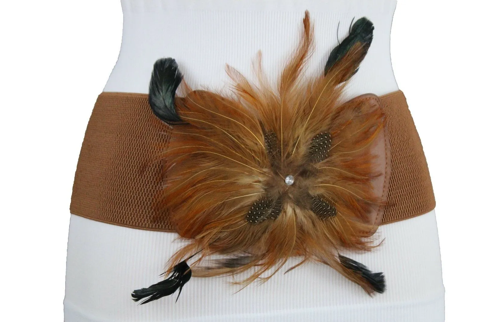 Women Brown Faux Leather Elastic Belt Fashion Flower Shape Feather Hip Waist M L XL