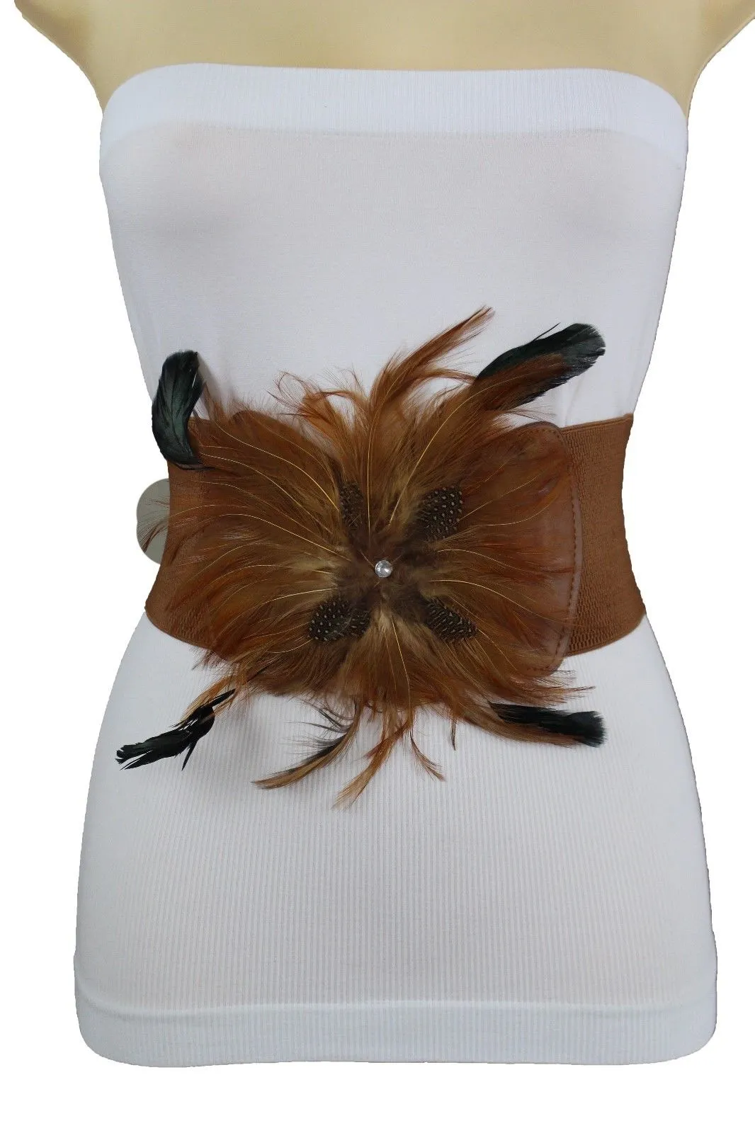Women Brown Faux Leather Elastic Belt Fashion Flower Shape Feather Hip Waist M L XL