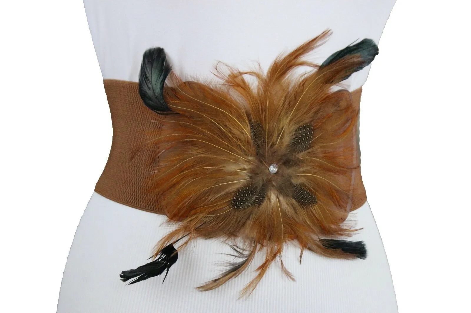 Women Brown Faux Leather Elastic Belt Fashion Flower Shape Feather Hip Waist M L XL