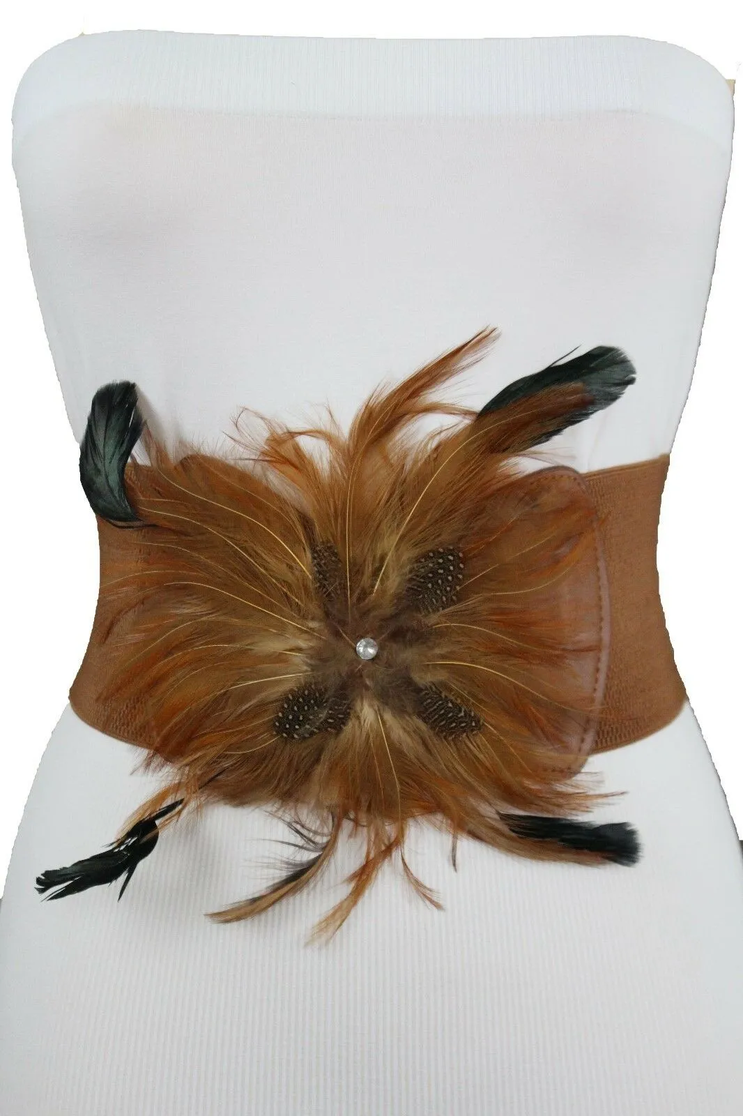 Women Brown Faux Leather Elastic Belt Fashion Flower Shape Feather Hip Waist M L XL