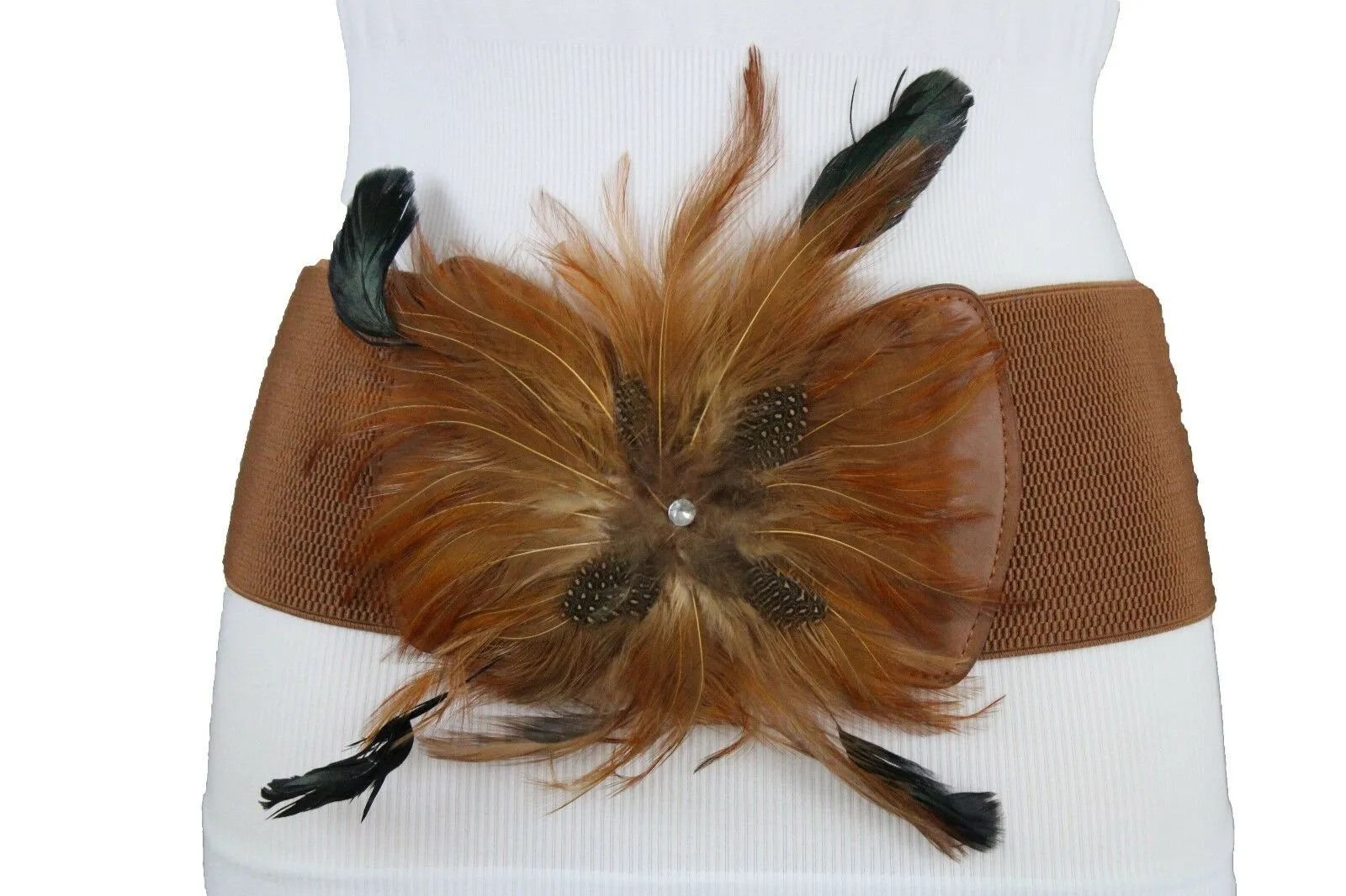 Women Brown Faux Leather Elastic Belt Fashion Flower Shape Feather Hip Waist M L XL