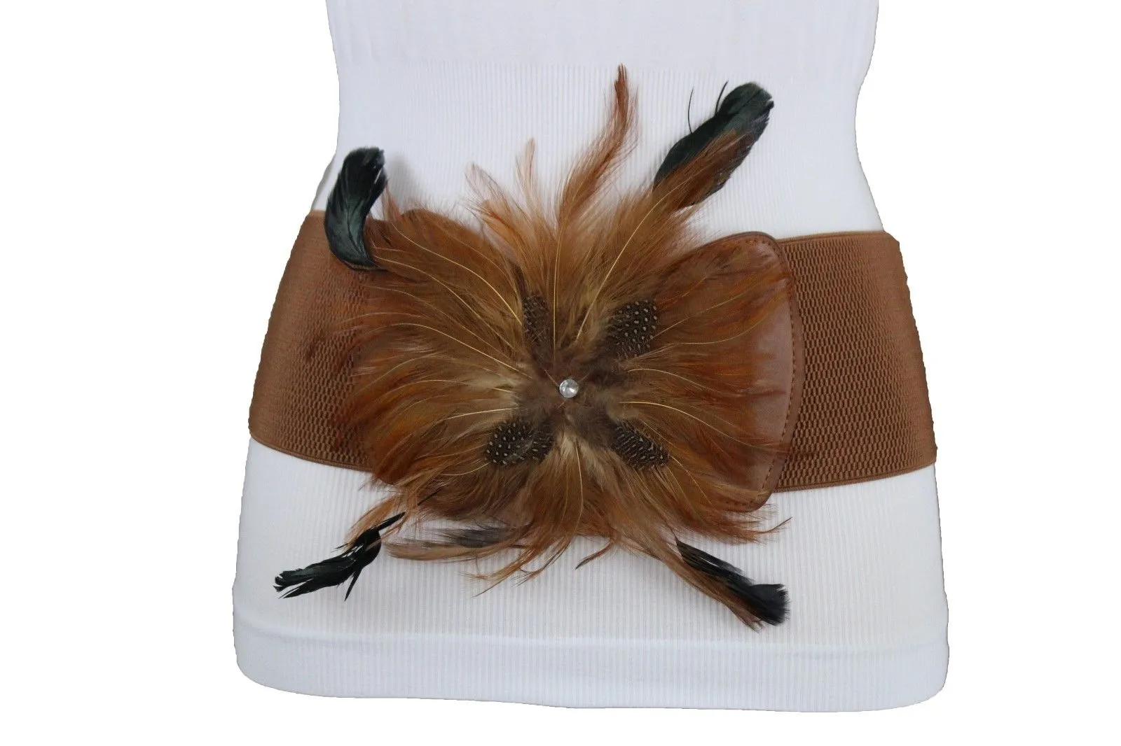 Women Brown Faux Leather Elastic Belt Fashion Flower Shape Feather Hip Waist M L XL