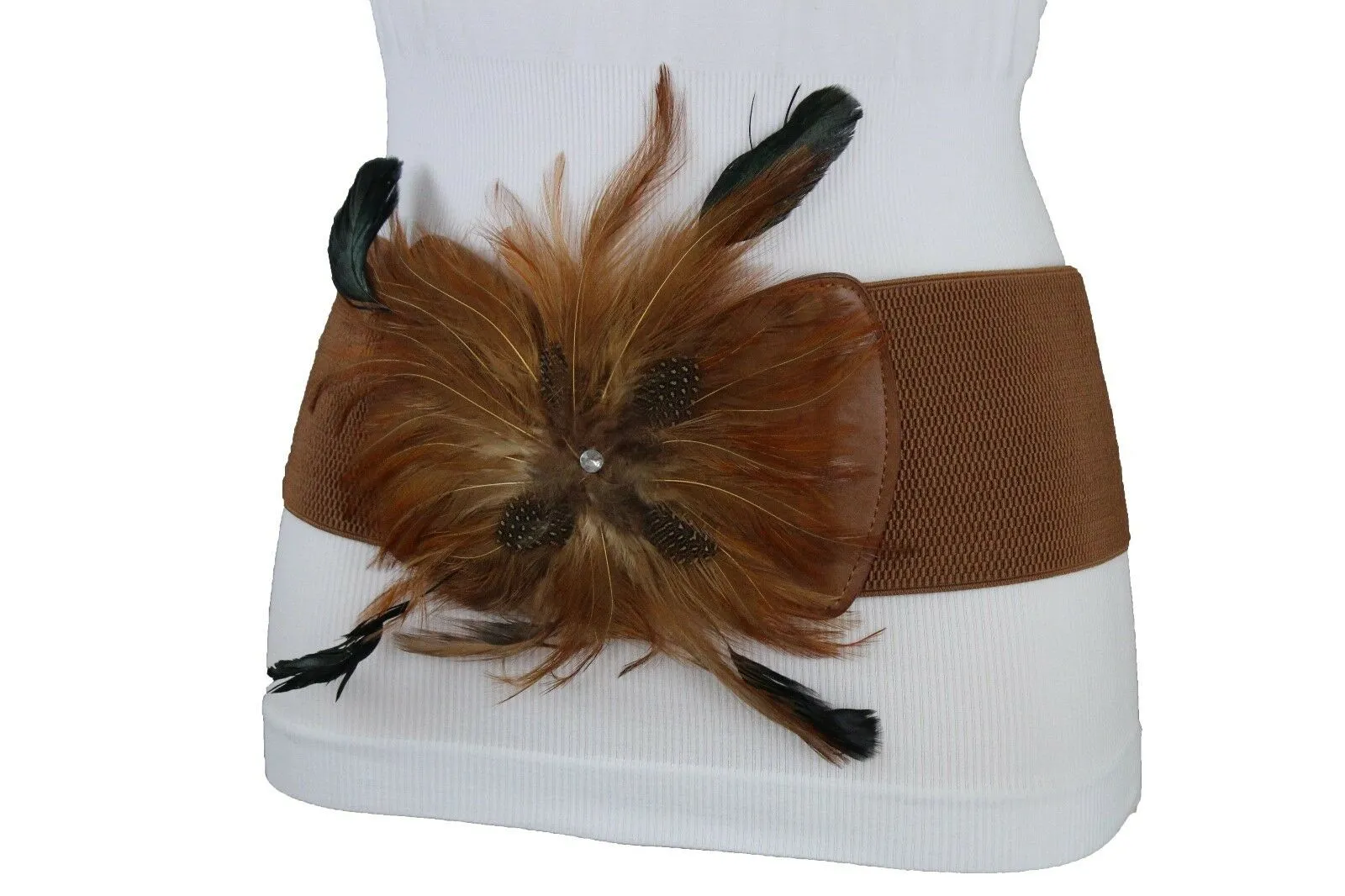 Women Brown Faux Leather Elastic Belt Fashion Flower Shape Feather Hip Waist M L XL