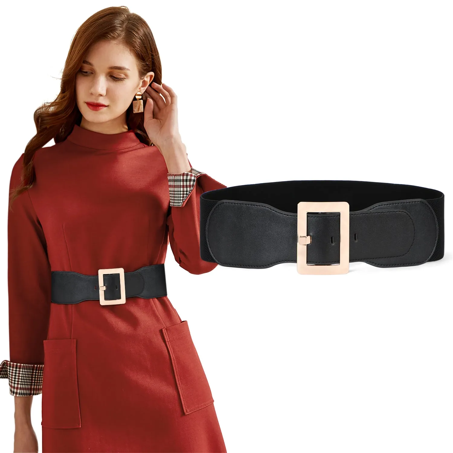 Women Dress Waist Cinch Belt Stretchy Elastic Vintage Belts For Dress With Metal Buckle In 7.5cm by JASGOOD