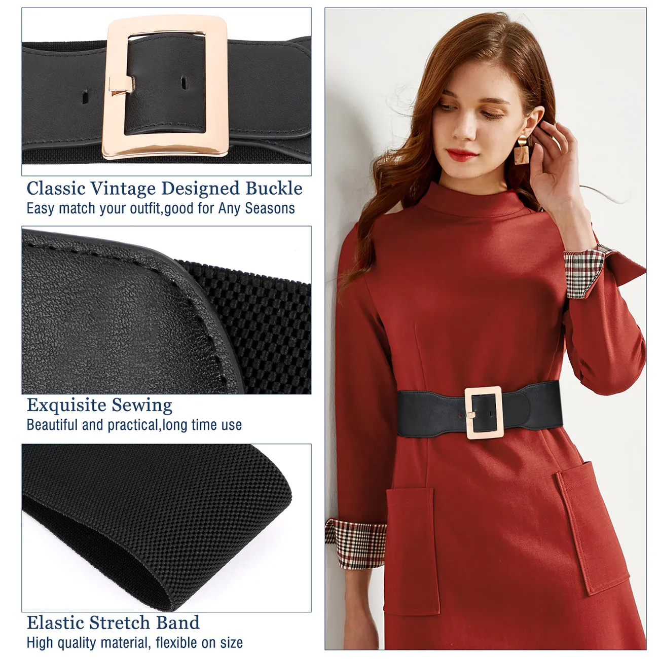 Women Dress Waist Cinch Belt Stretchy Elastic Vintage Belts For Dress With Metal Buckle In 7.5cm by JASGOOD