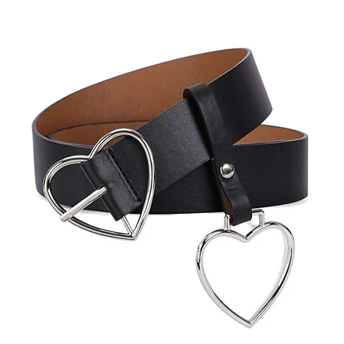 Women Heart-shaped Belt Wide PU Leather Belt Metal Buckle for Women Girls Students Halloween Costume