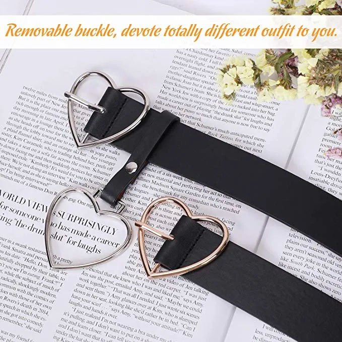 Women Heart-shaped Belt Wide PU Leather Belt Metal Buckle for Women Girls Students Halloween Costume