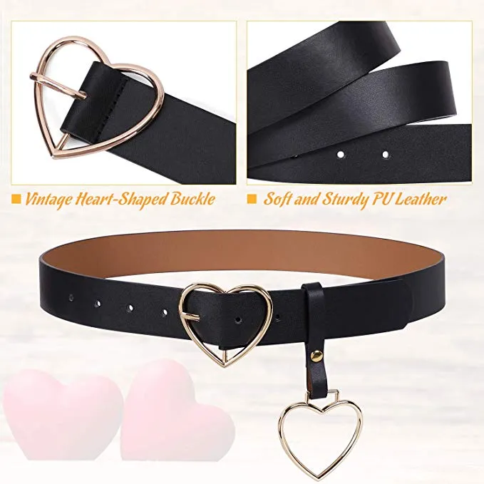 Women Heart-shaped Belt Wide PU Leather Belt Metal Buckle for Women Girls Students Halloween Costume